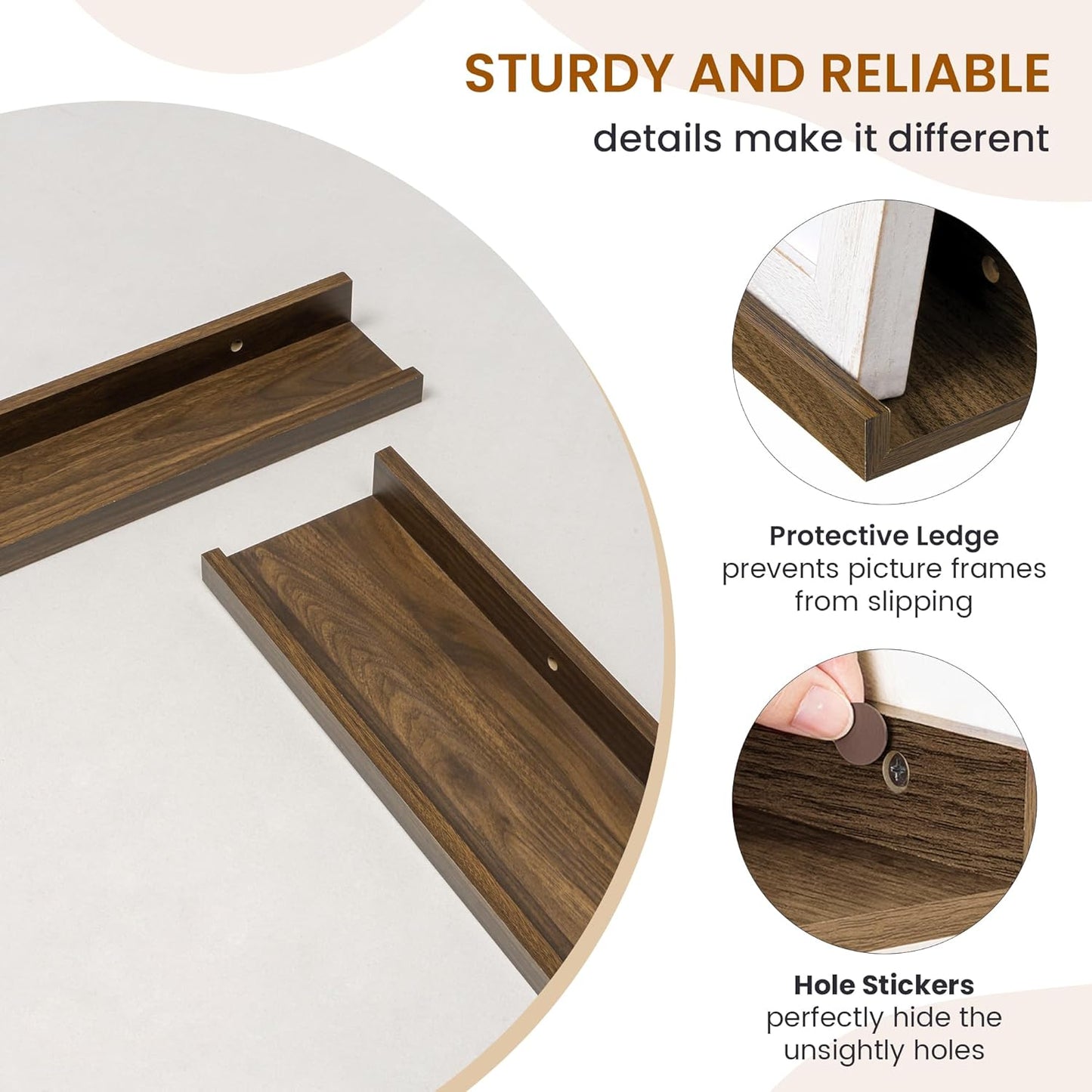 Axeman Picture Ledge Shelf, Floating Shelves for Wall Decor Storage Set of 6, 16 inch Floating Wall Mounted Shelves, Wall Shelves with Lip for Living Room, Bedroom, Nursery, Bathroom, Kitchen, Walnut