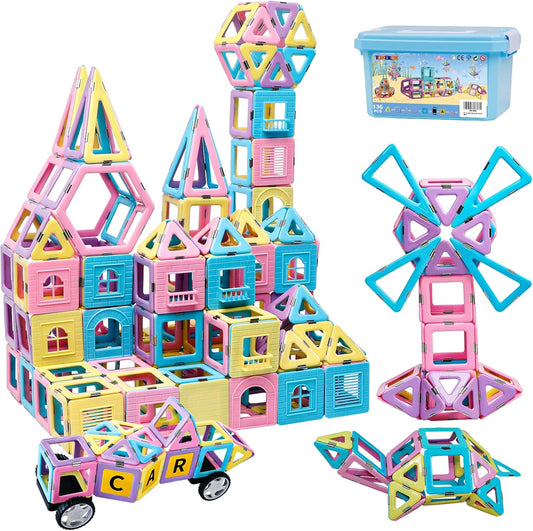 Magnetic Tiles Building Blocks Toys for Kids, 136 Pieces 3D Creative Castle Construction Magnetic Stacking Set Preschool Intelligence STEM Toys for Girls Boys Age 3years and Up (Educational Set)
