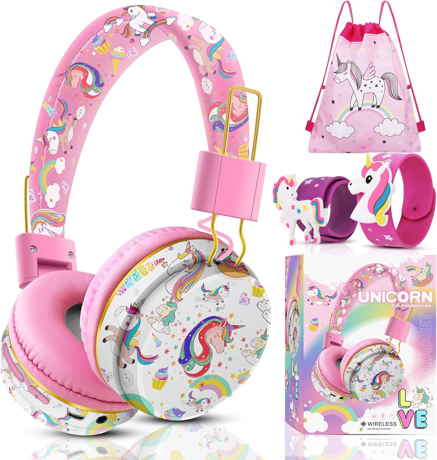 QearFun Unicorn Bluetooth Headphones for Girls - with Microphone & 3.5mm Jack, Adjustable Headband for Kids Teens Toddlers, School iPad Tablet PC Smartphones Compatible (Pink)
