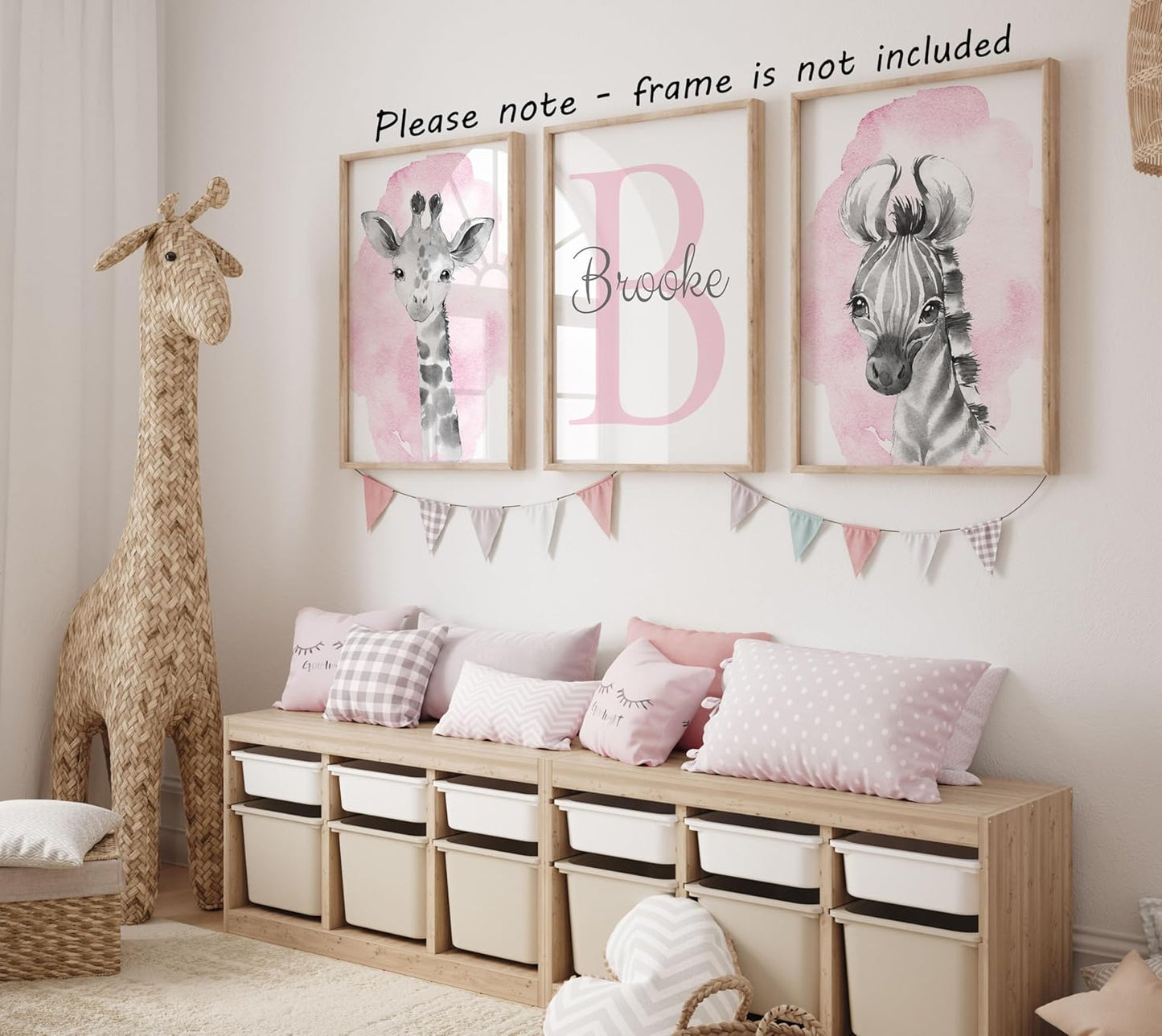 Safari Animals Set of 3 Unframed Poster Prints for Baby Girls Nursery Bedroom Playroom, Personalized Name, Choice of 12 Animals, Pink Purple (17x22)