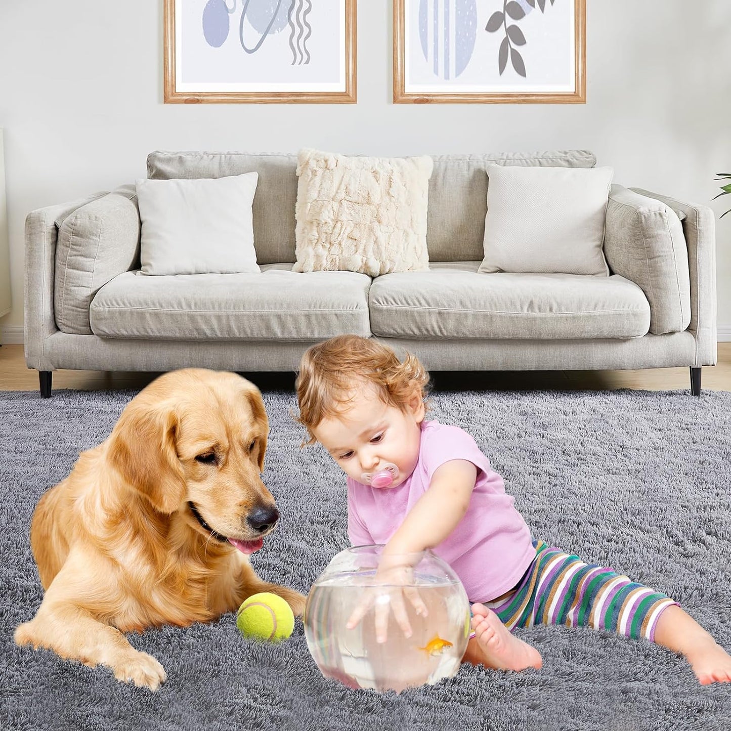 9x12 Grey Fluffy Plush Area Rug, Ultra Soft Bedroom Rug Indoor Carpet, Anti-Skid High Pile Luxury Rugs for Nursery, Kids Room, Playroom, Home Decoration