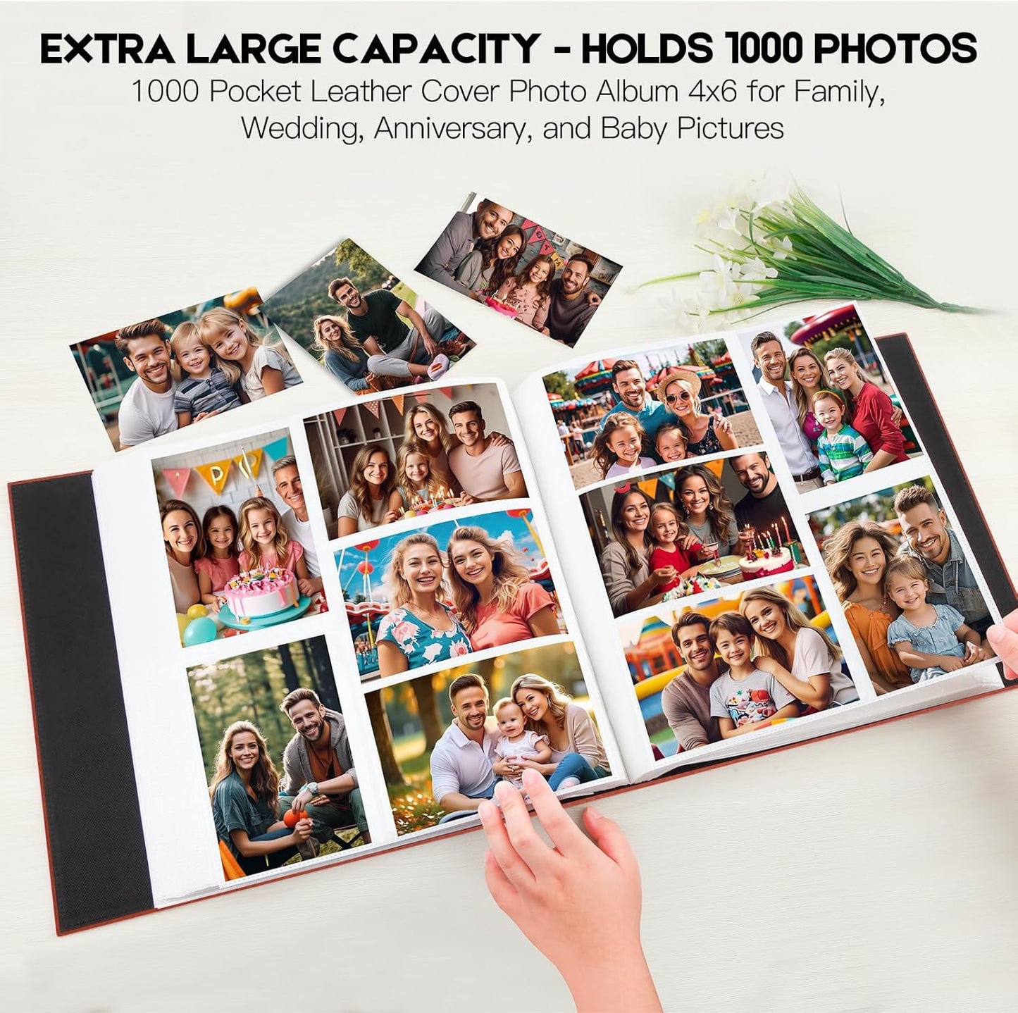 Aevdor 1000 Pockets Photo Album 4x6, Extra Large Capacity Leather Cover Wedding Family Picture Book Holds 1000 Horizontal and Vertical Picture, Acid-free Pages 4x6 Photo Album with Front Window, Brown