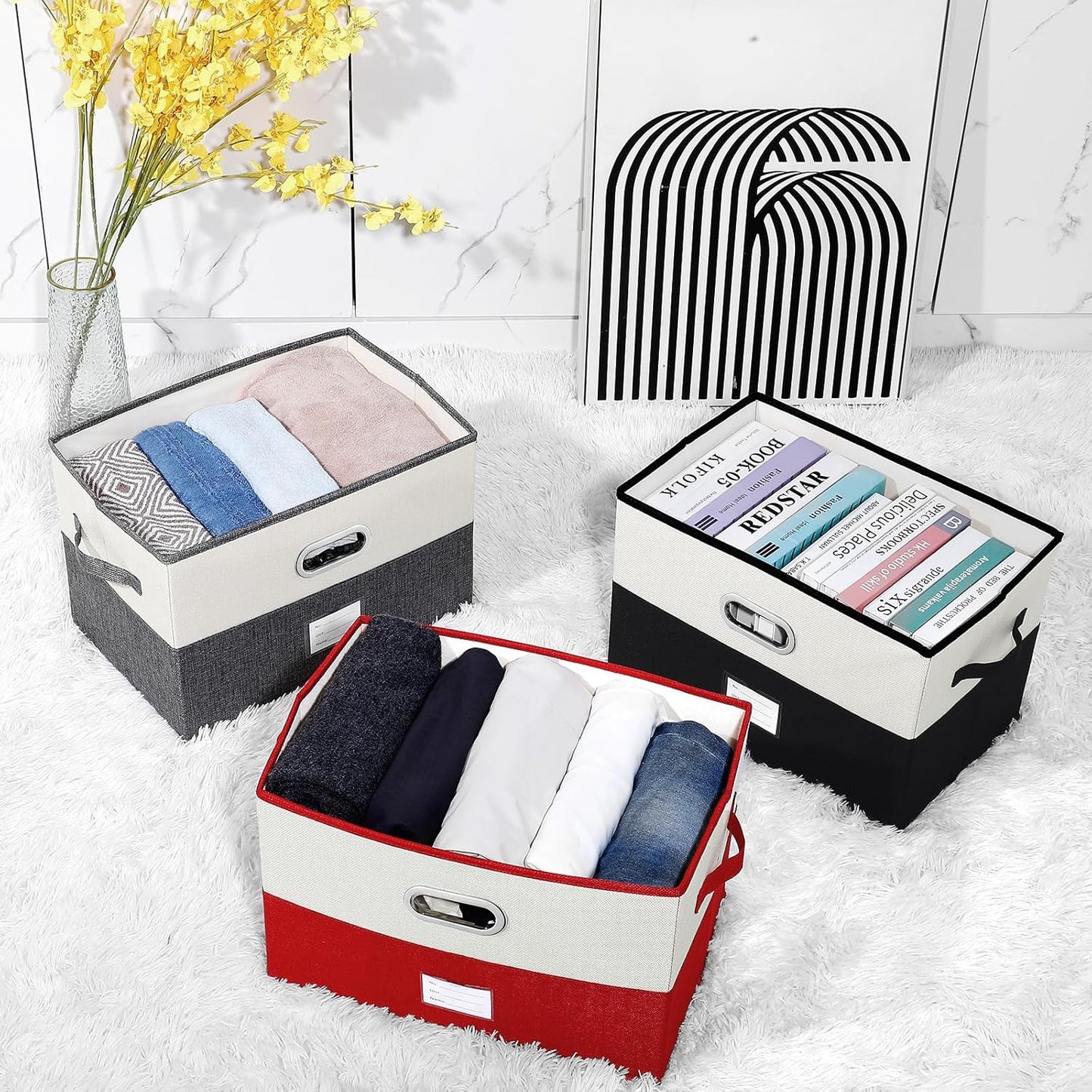 Large Linen Fabric Foldable Storage Bins with Removable Lid and Handles, Washable Storage Box Organizer Containers Baskets Cube with Cover for Bedroom,Closet,Office,Nursery(Black&White, Large)