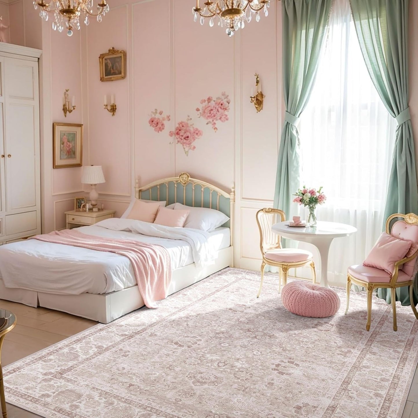 Pink Nursery Rug 5x8 Large Area Rugs for Living Room Vintage Rug Boho Floral Washable Area Rugs Indoor Carpet for Bedroom Dining Room Kids Room