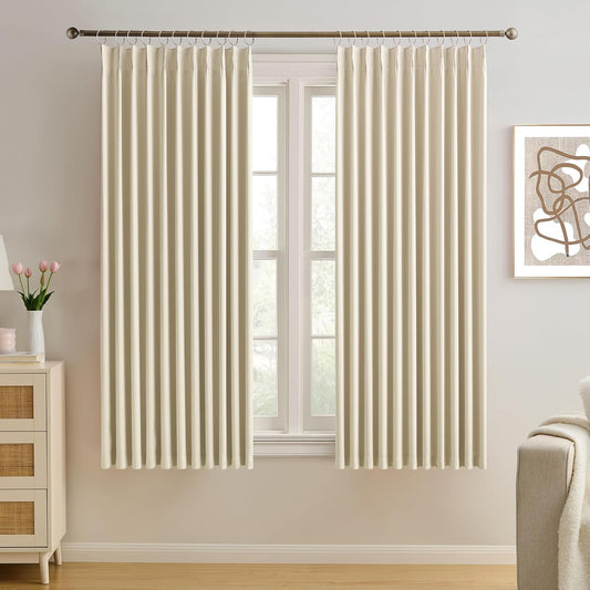 KEQIAOSUOCAI Pinch Pleated Curtains 63 Inches Long,Memory Shape Room Darkening Soundproof Window Curtains with Hooks for Bedroom Living Room Track System 80 x 63 x 2 Panels Cream Beige