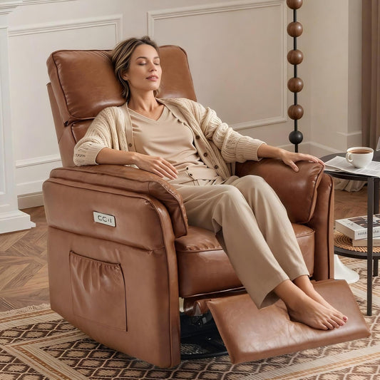 Power Recliner Rocking Chair Nursery Gliders with Adjustable Armrests and Headrest, Swivel Electric Glider Reclining Nursing Chair with USB Port and Storage Bags, FSC Certified(Leather, Brown)