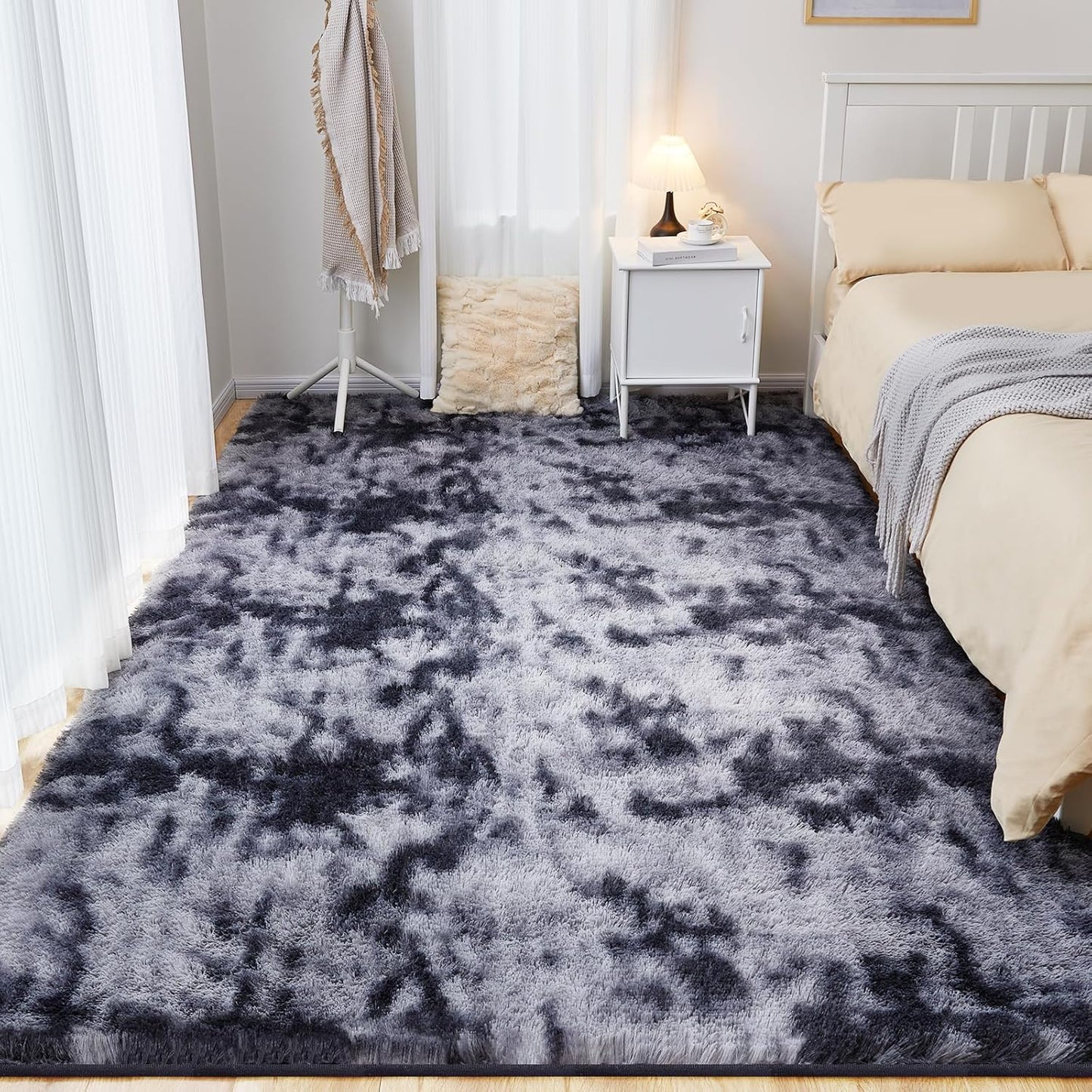 Fluffy Shag Area Rug, 3x5 Tie-Dyed Dark Grey Rugs for Bedroom, Soft Plush Area Rugs for Living Room, Non-Slip Indoor Carpet for Nursery, Study Room, Dressing Room, Home Decor