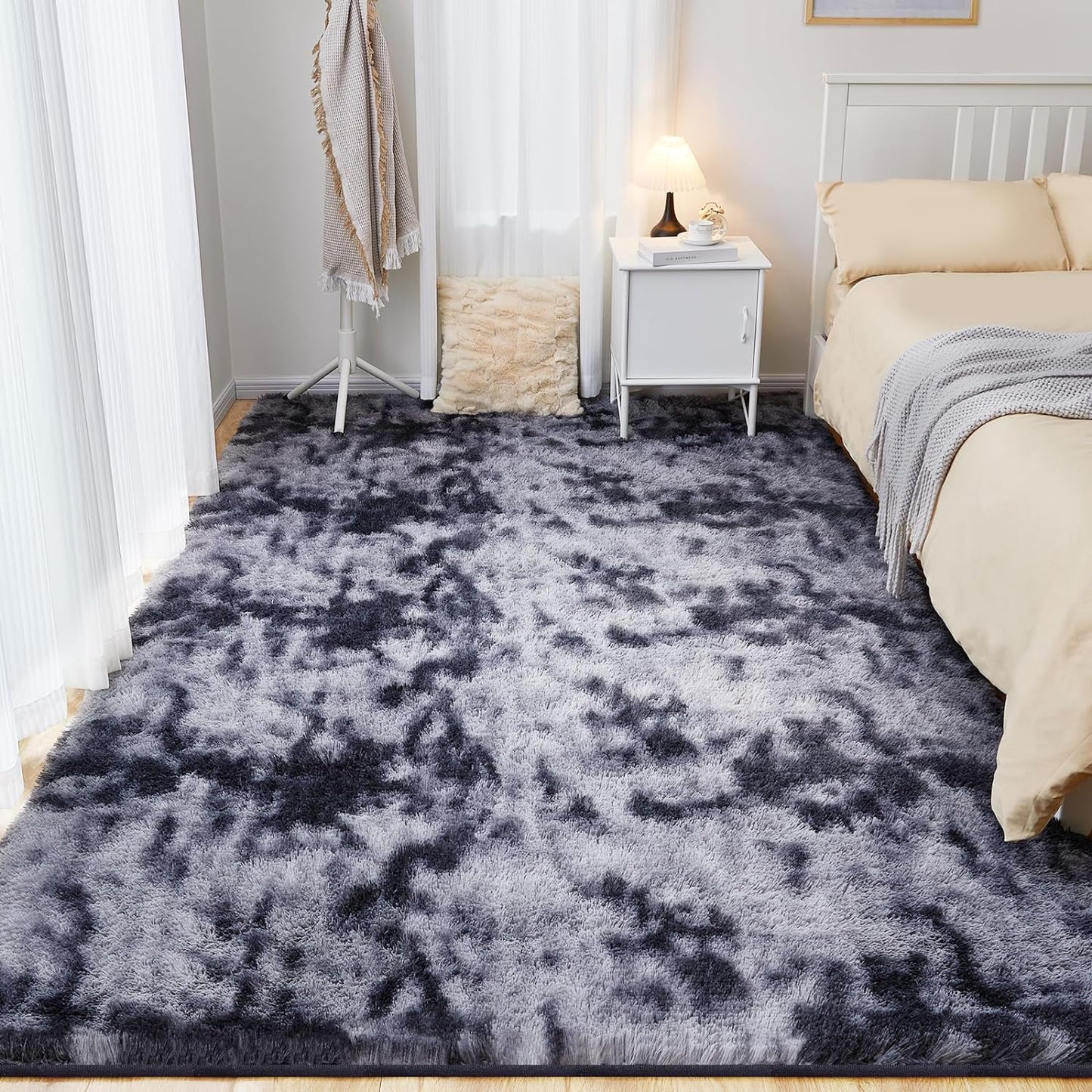 Ultra Soft Area Rugs for Living Room, 5x7 Tie-Dyed Dark Grey Fluffy Plush Rugs for Bedroom, Non-Slip Floor Carpet for Nursery Room, Bedside, Playroom, Corridor, Indoor Decor