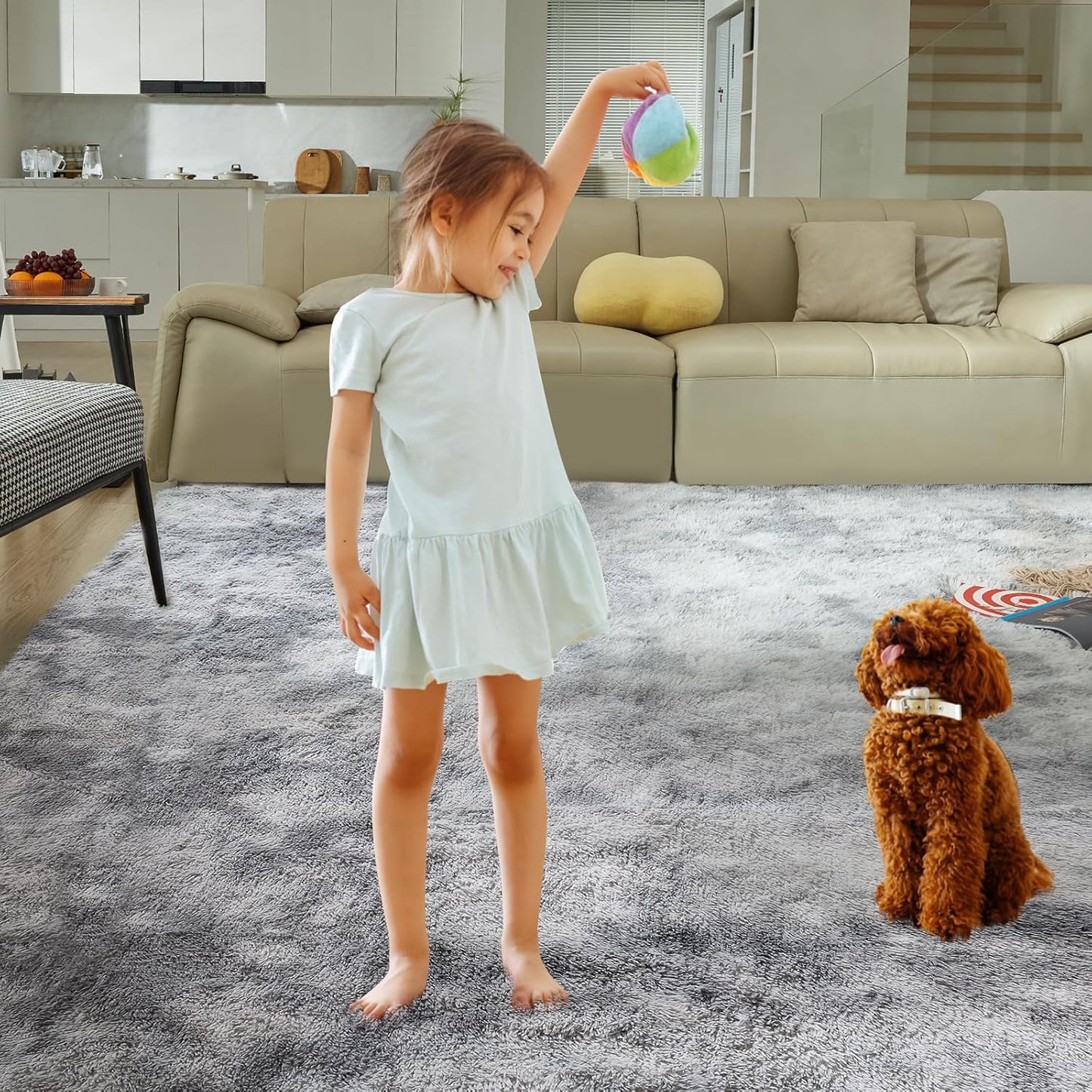 Ultra Soft Rug for Living Room, 8X10 Tie-Dyed Light Grey Fluffy Shag Area Rug for Bedroom, Modern Shaggy Carpets Fuzzy Rug for Teens Dorm Nursery Home Decor Aesthetic, Upgrade Anti-Skid Durable