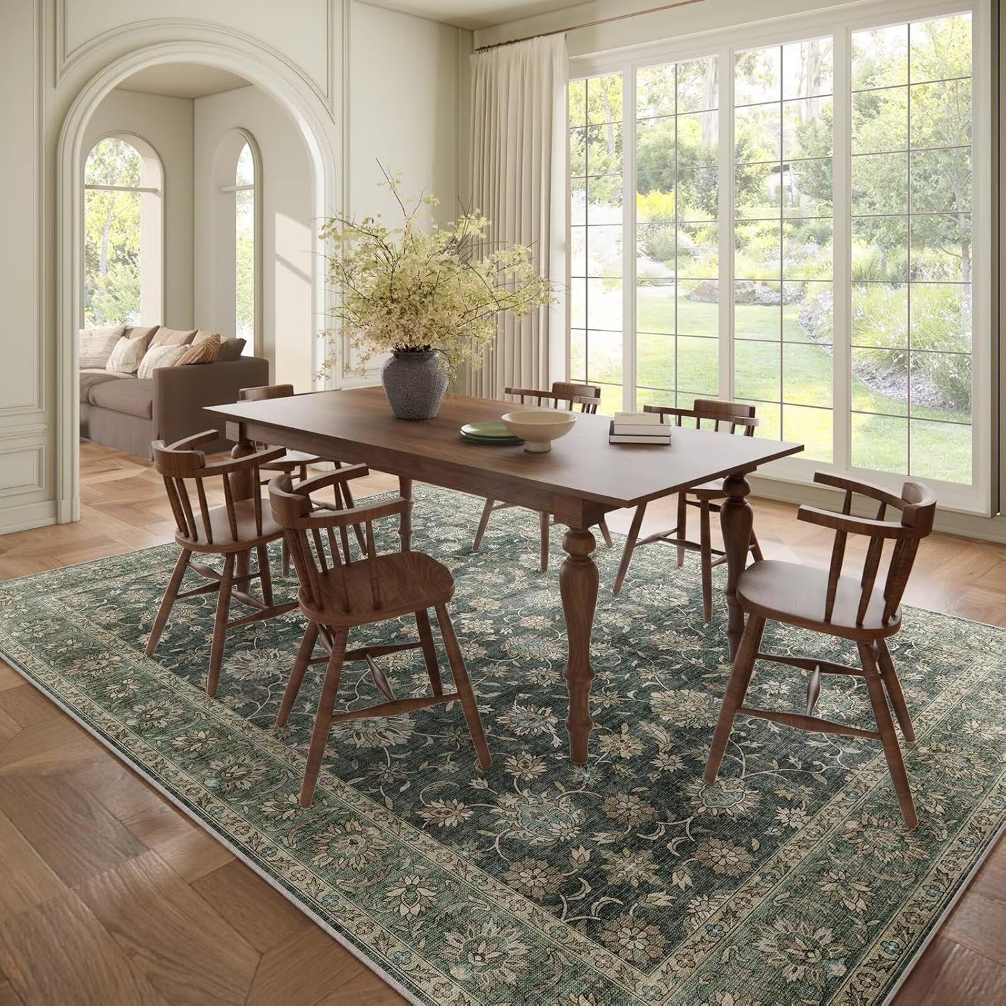 Washable 8x10 Area Rugs for Living Room, Boho Non-Slip Silicone Backing Rugs for Bedroom Dining Room Nursery Office, 0.3" Neutral Oriental Throw Carpet with 0.16" Cushioning Pad, Sage Green/Multi