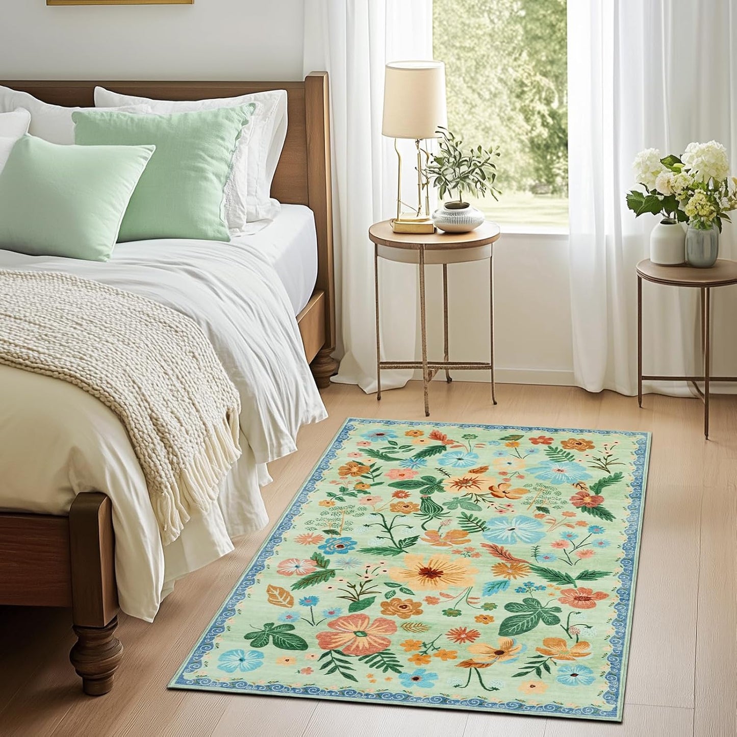 3x5 Rug for Living Room Washable Non Slip with Rubber Backing Soft Faux Fur Low Pile Stain Resistant Small Area Rug 3x5 Boho Vintage Floral Carpet Rug for Bedroom Kitchen Entrance，Green