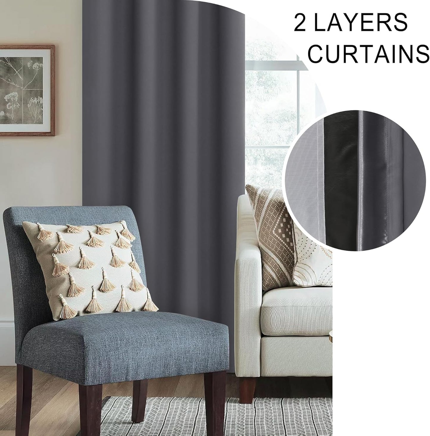 XWZO 100% Blackout Curtains 95 Inches Long with Tiebacks- Rod Pocket Privacy Protection & Noise Blocking Window Draperies with Black Liner for Bedroom/Living Room, Dark Grey, W52 x L95, Set of 2