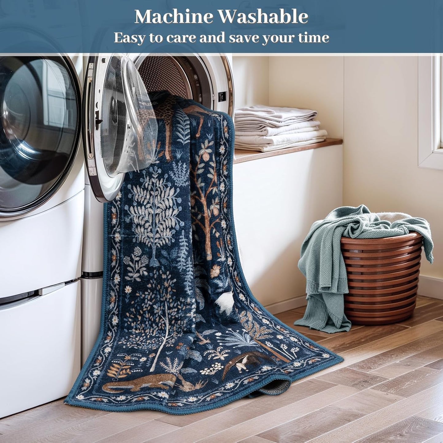 OJIA Jungle Print Blue 5x7 Rugs for Living Room, Soft Ultra-Thin Washable Area Rugs for Bedroom Non-Slip Modern Entryway Rug Non Shedding Indoor Carpet Kids Rugs for Playroom Nursery Classroom