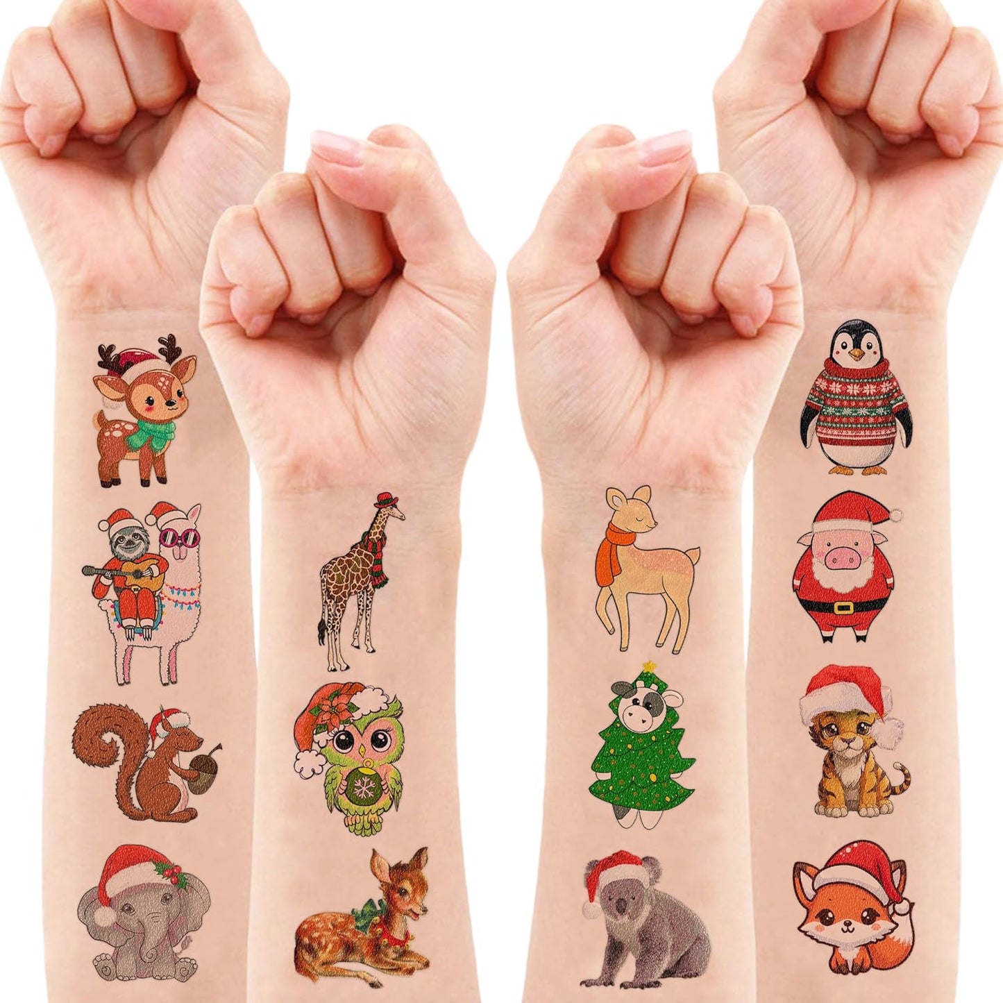 100 PCS Noel Christmas Animal Temporary Tattoos Sticker Jungle Birthday Christmas Party Decorations Supplies Favors Gifts Boys Girls Safari Zoo Cute Fake Tattoo School Reward Themed Santa Claus Xmas