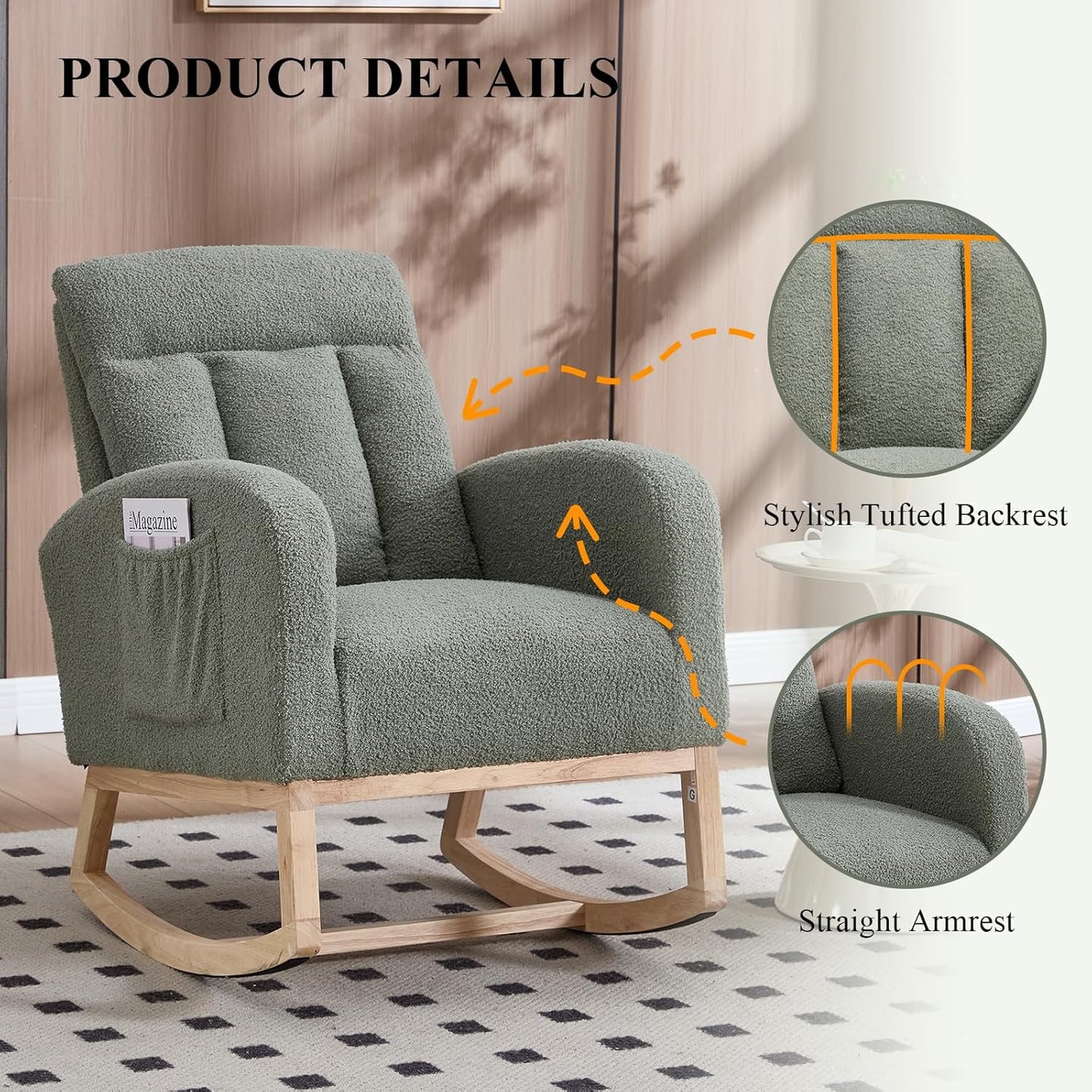 NIOIIKIT Nursery Rocking Chair, Teddy Upholstered Glider Chair with Side Pocket, Glider Rocker Chair with Tufted Back, Comfy Accent Nursing Chair for Living Room (Olive Green Modern)