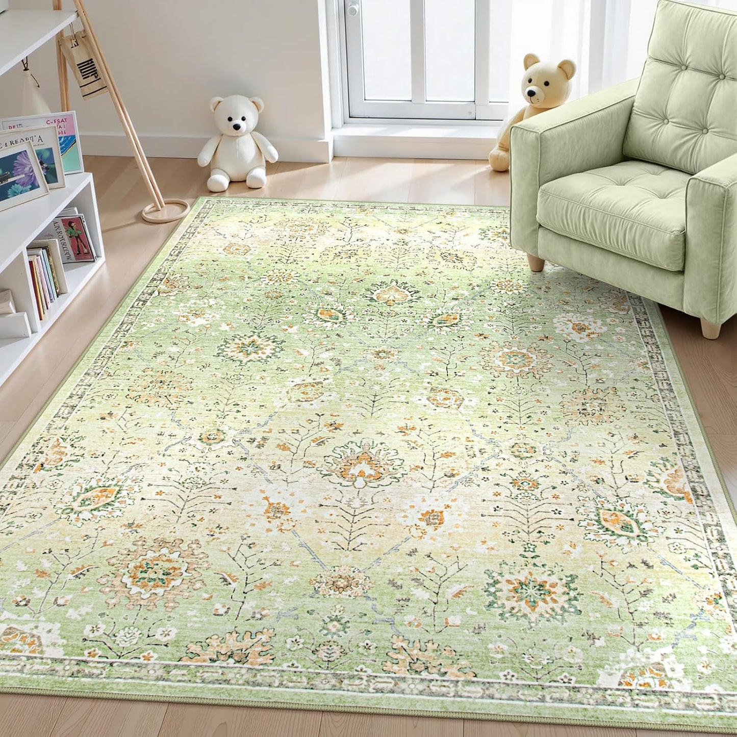 Lahome 5x7 Sage Green Rugs for Bedroom, Soft Boho Rug for Living Room, Machine Washable Floral Carpet Non Slip for Nursery Playroom Indoor