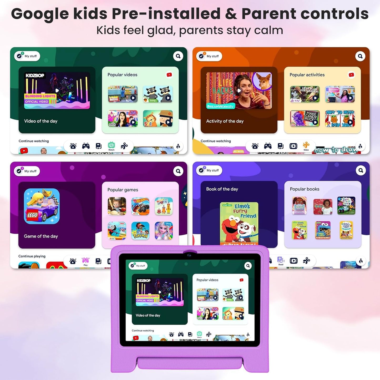 Kids Tablet 10.1 inch Android 14 Octa-Core 64GB 6000mAh Kids Space Parental Control 1280 * 800 HD Touchscreen Shockproof Case Dual Camera Gift for Toddler Children (Purple)