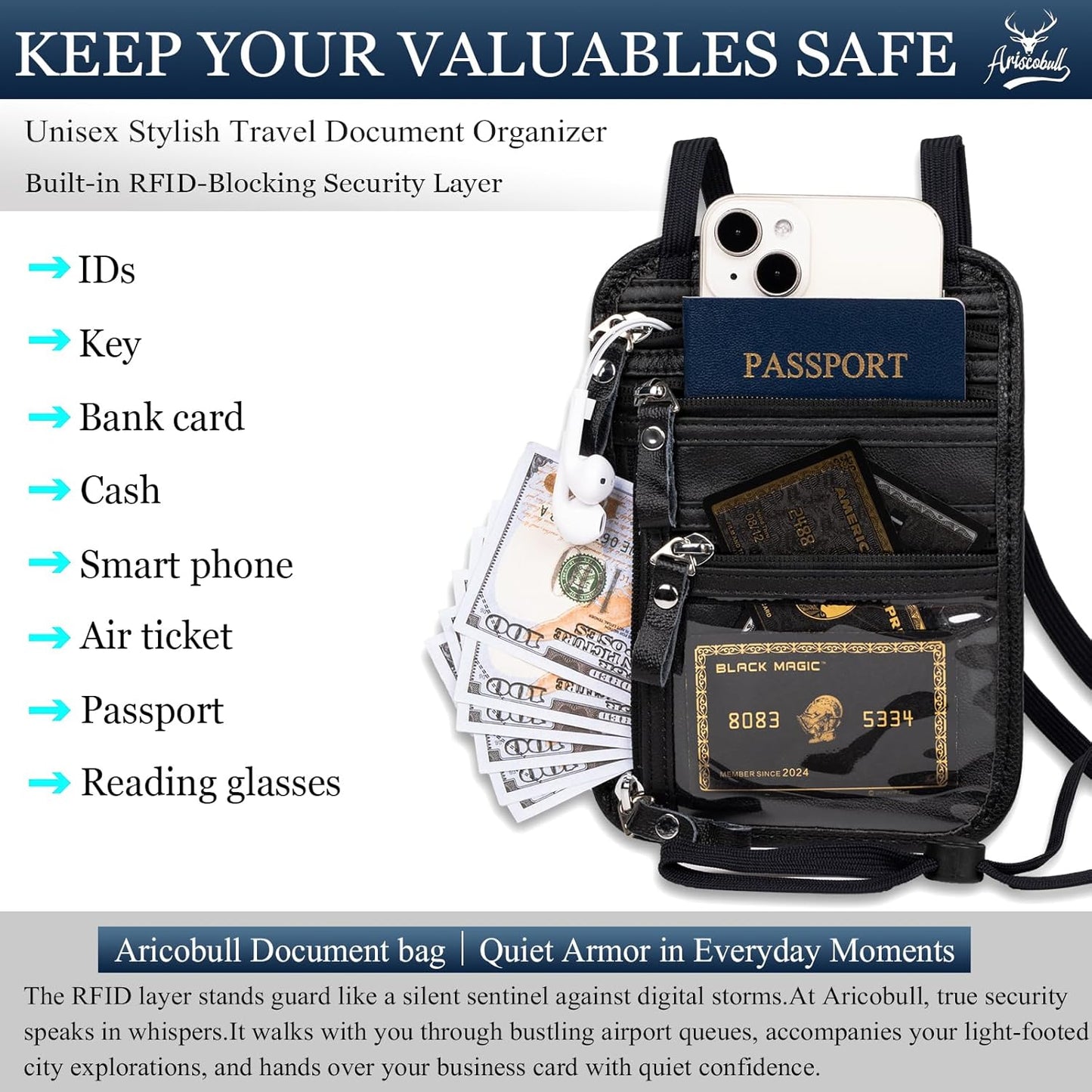 Neck Wallet - Rfid Wallet Women - passport holder for travel - Travel Wallet Passport Holder For Travel Women - 10.3x6.8inch (Black)