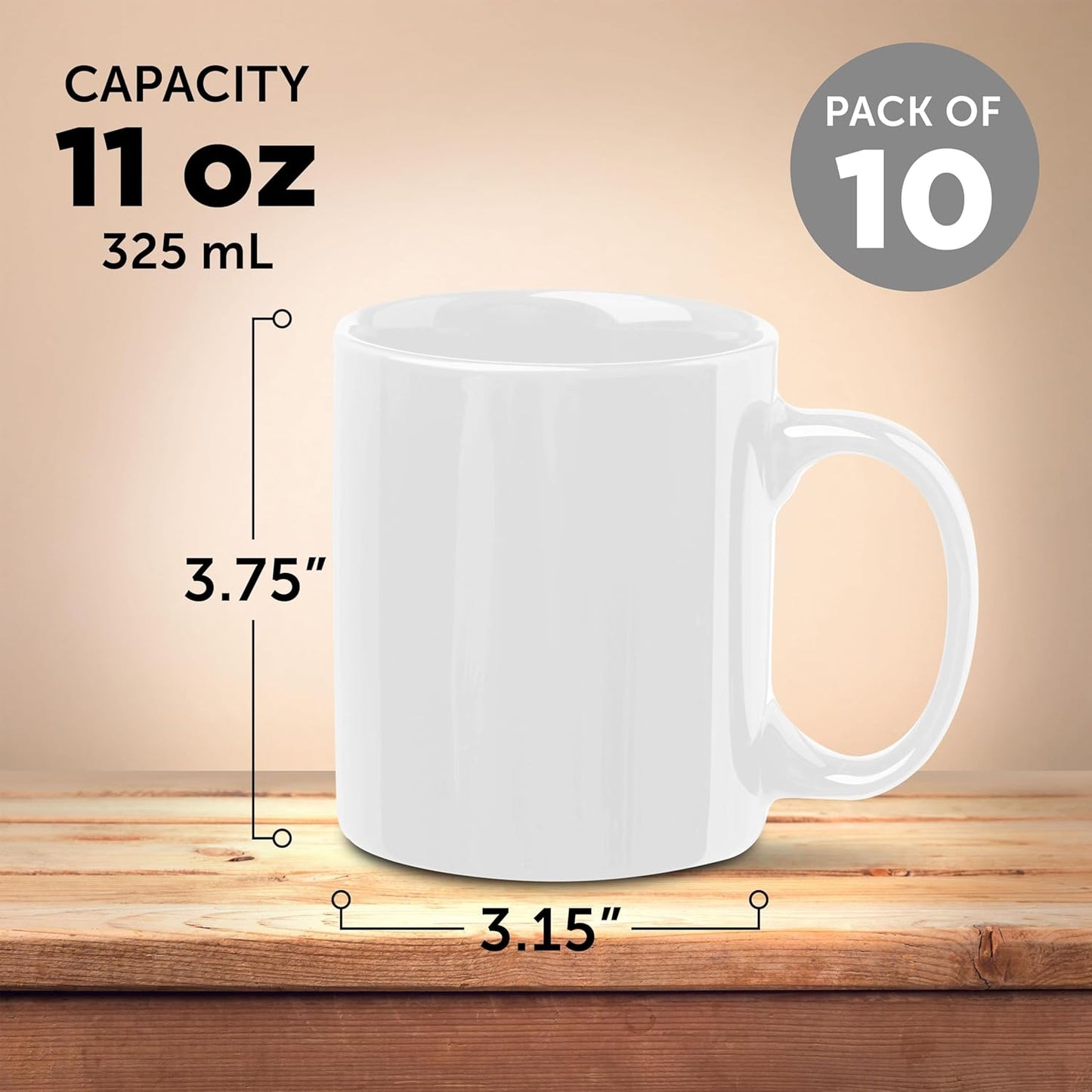 DISCOUNT PROMOS Ceramic Coffee Mugs 11 oz. Set of 10, Bulk Pack - Coffee cup set, Iced coffee cup, Gaming mug - White