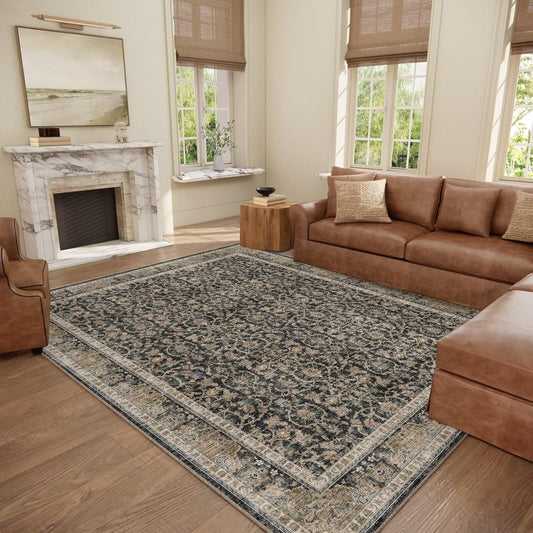 Washable 8x10 Area Rugs for Living Room, Boho Non-Slip Silicone Backing Rugs for Bedroom Dining Room Nursery Office, 0.3" Neutral Oriental Throw Carpet with 0.16" Cushioning Pad, Black/Multi