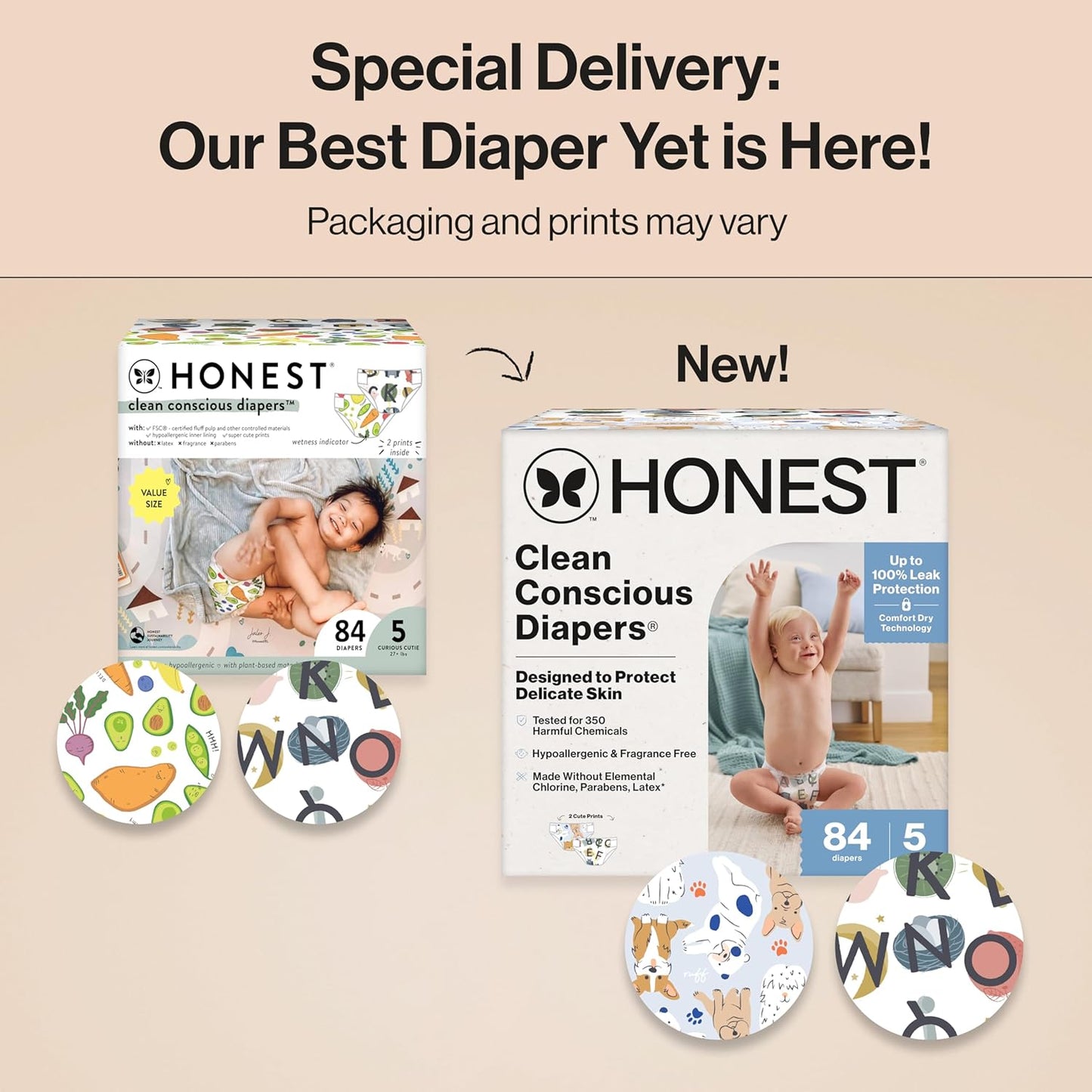 The Honest Company Clean Conscious Diapers for Delicate Skin | Up to 100% Leakproof | Hypoallergenic, Fragrance Free | Gender Neutral | Super Club Box, Size 5 (27+ lbs), 84 Count (Prints May Vary)