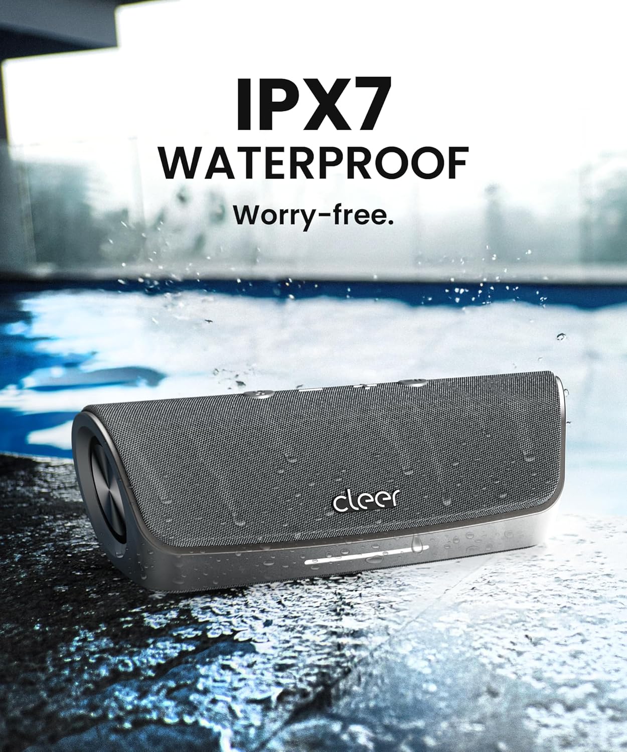 Cleer Scene Wireless Bluetooth Speaker, Simple Fast Pairing, Waterproof IPX7, 12Hrs Play time, Deep Bass, Built-in Mic, Powerful Portable Speakers, for Outdoor & Party, Home, Grey