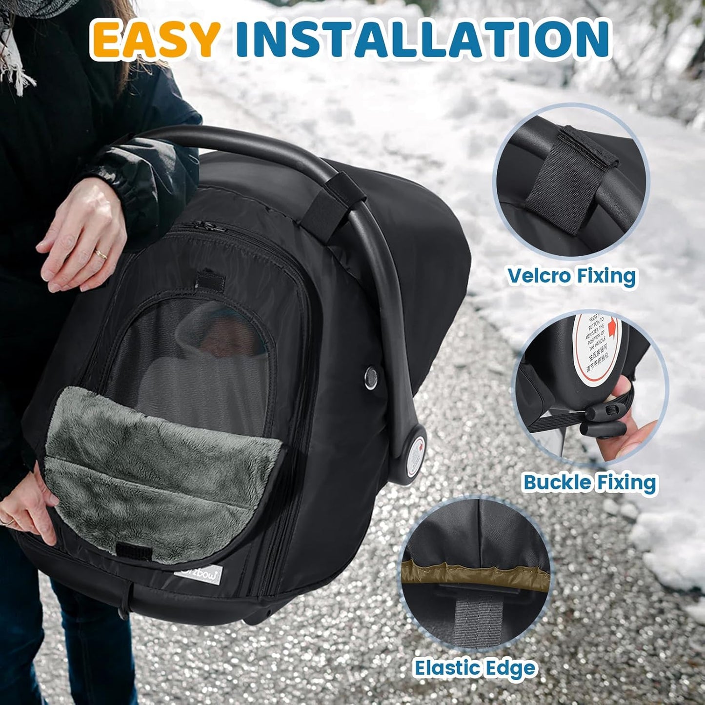 Orzbow Winter Car Seat Cover for Babies, Waterproof Carseat Canopy Cover with Peep Window of Breathable Mesh, Warm and Cozy Baby Car Seat & Carrier Covers for Cold Weather, Machine Washable, Black