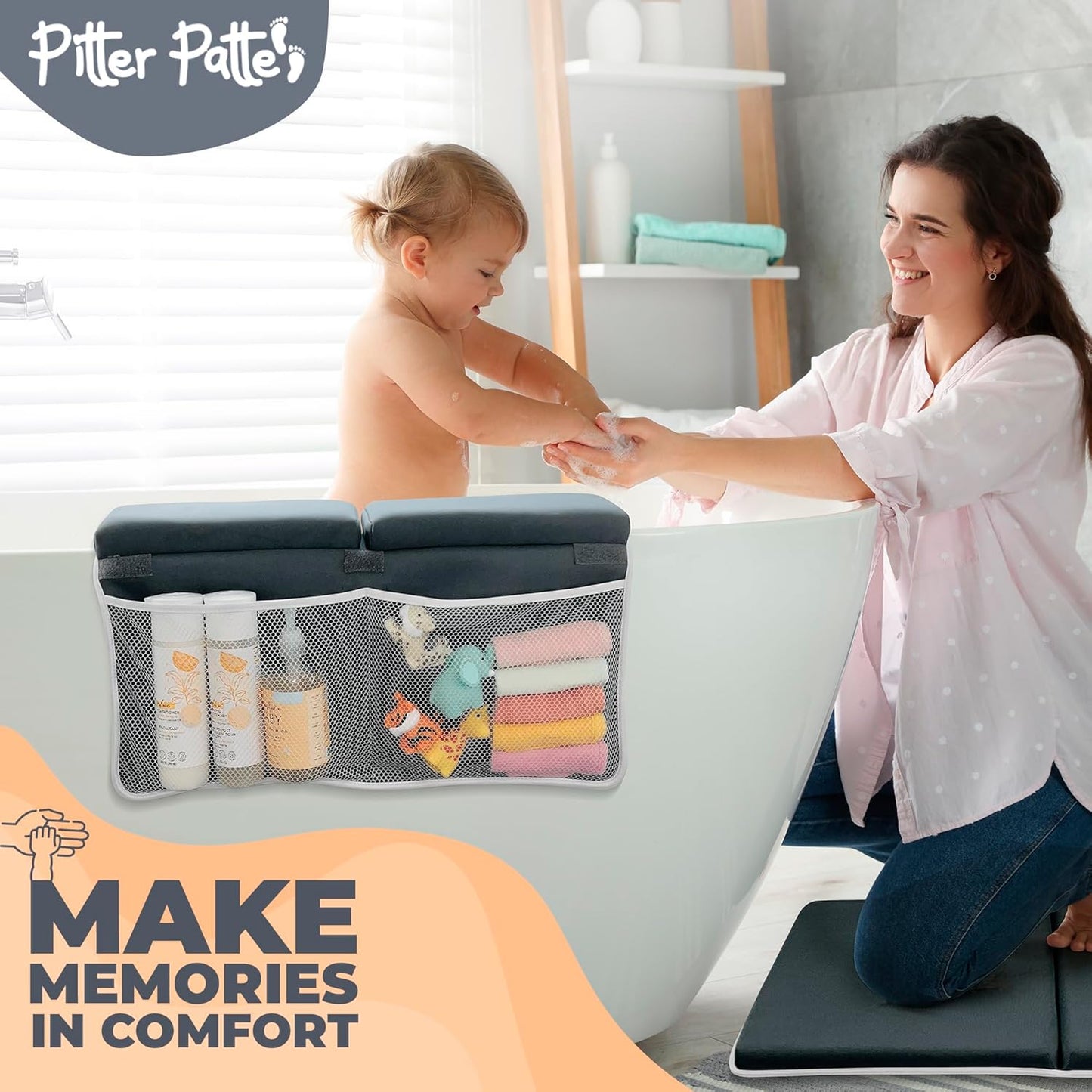 Baby Bath Kneeler and Elbow Rest Pad Set Made of Neoprene & Foam - Non Slip Cushioned Bath Kneeling Pad for Bathing Baby with XL Compartments for Bath Toy Storage for Tub