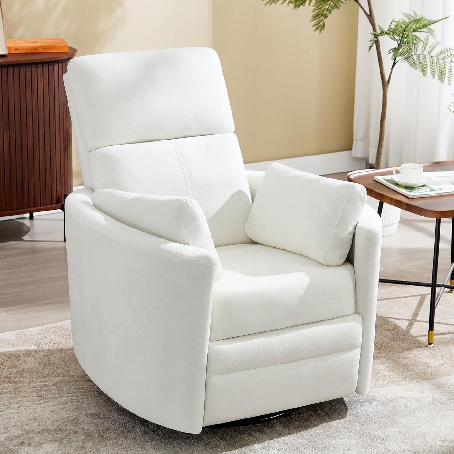 Swivel Rocker Recliner Chair, Manual Nursery Rocking Chair Upholstered Adult Rocking Chair with 2 Pillows for Living Room Bedroom (White, Manual Operation)