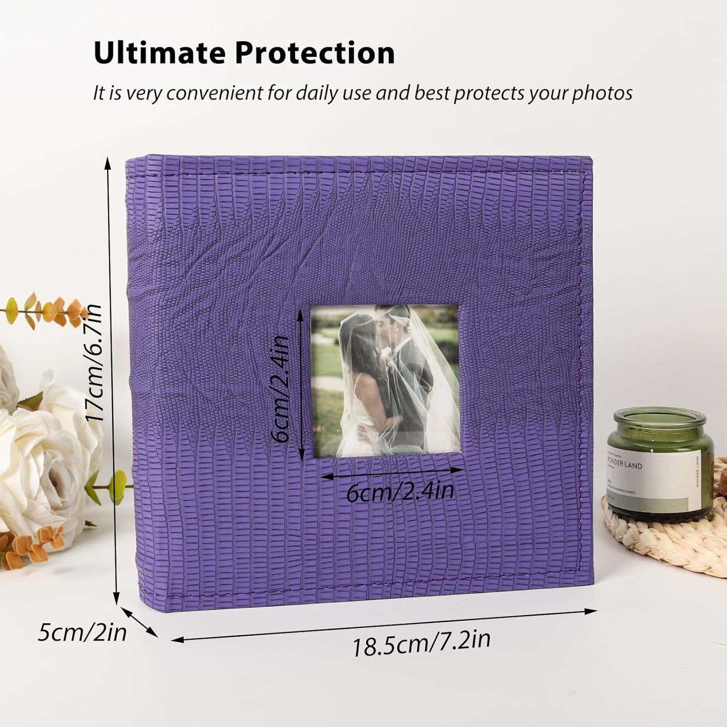 RECUTMS Photo Album with Memo Hold 100 4x6 Photos with Memo Areas, Slip in Pockets PU Leather Cover Small Photo Book with Front Window for Memories Couple Kids Family Pictures (Purple)