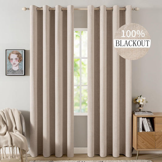 MIULEE Linen Textured Curtains Solid 100% Blackout for Bedroom Thermal Insulated Natural Beige Grommet Room Darkening Curtains & Drapes Luxury Decor for Living Room Nursery 52 x 72 Inch (2 Panels)