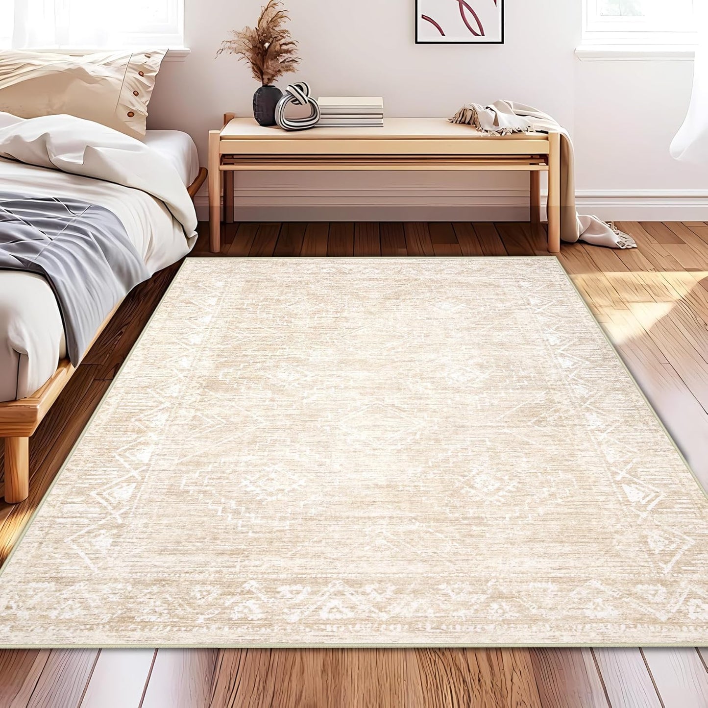 Vintage Moroccan Trellis Area Rug - 4x6 Machine Washable Boho Geometric Farmhouse Rugs Neutral Stain Resistant Non Slip Indoor Carpet for Bedroom Dining Room Nursery Home Office (4 x 6, Beige)