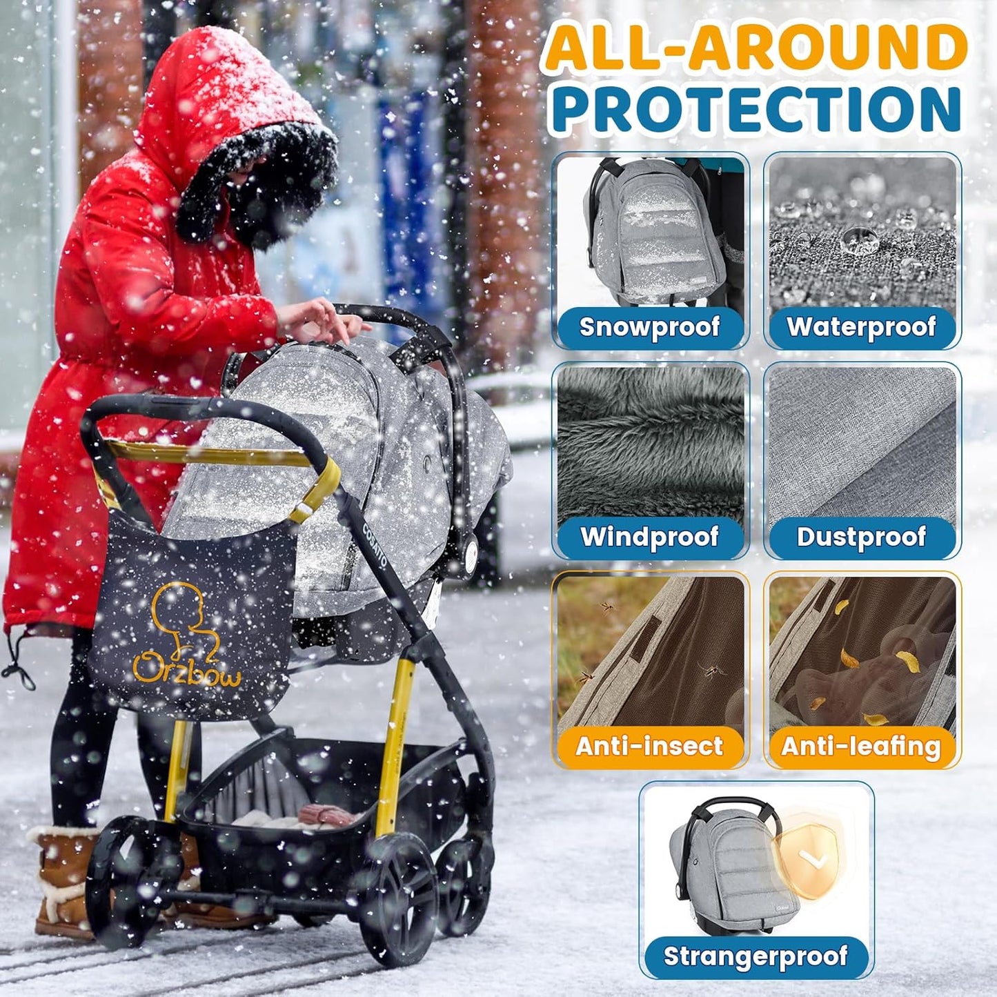 Orzbow Winter Car Seat Cover for Babies, Waterproof Carseat Canopy Cover with Peep Window of Breathable Mesh, Warm and Cozy Baby CarSeat & Carrier Covers for Cold Weather, Machine Washable, Light Grey