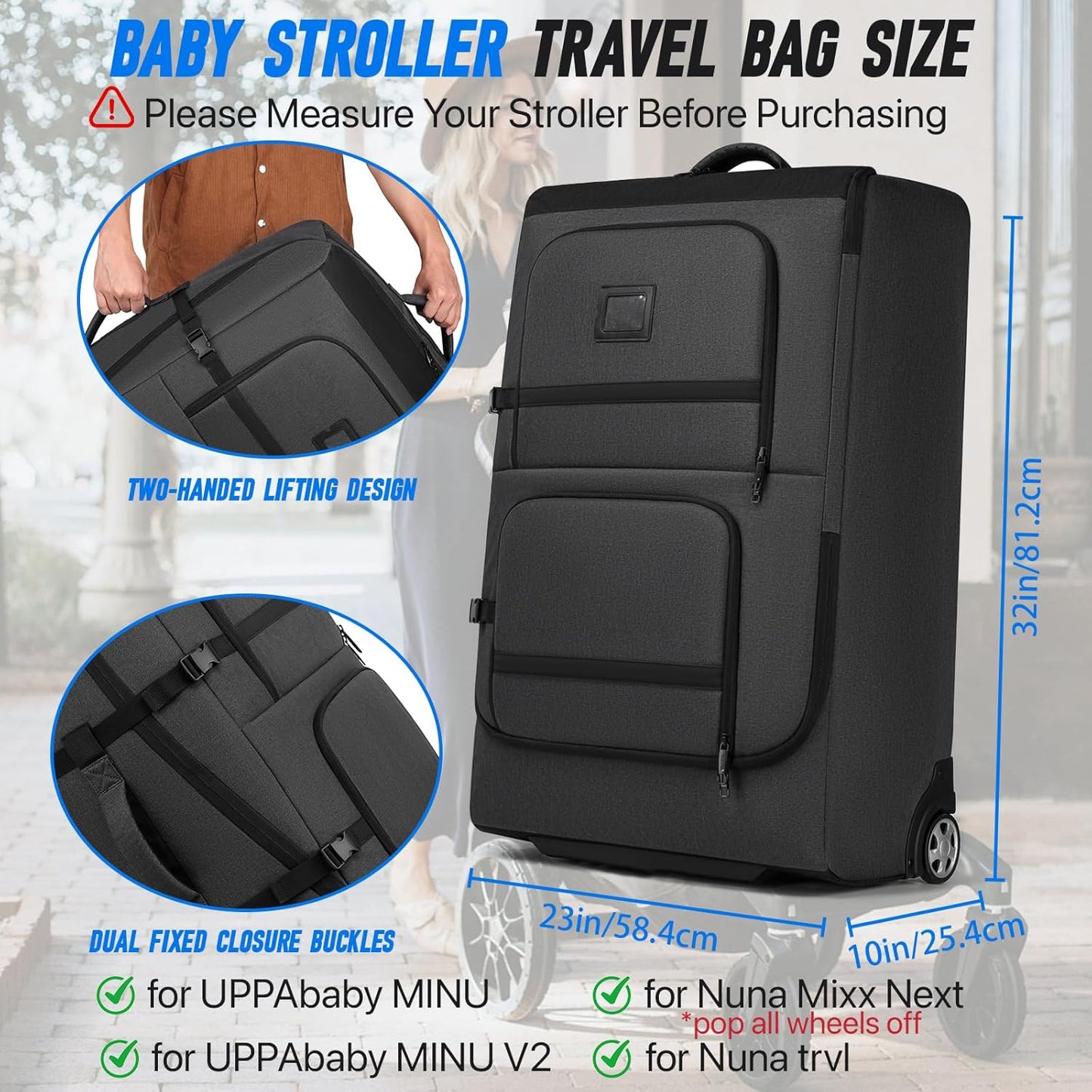 Padded Stroller Travel Bag with Wheels, Compatible with Nuna Mixx Next, UPPAbaby MINU V2 and MINU, Padded Stroller Storage Bag for Airplane, Foldable Gate Check Stroller Bag with Dual Handles