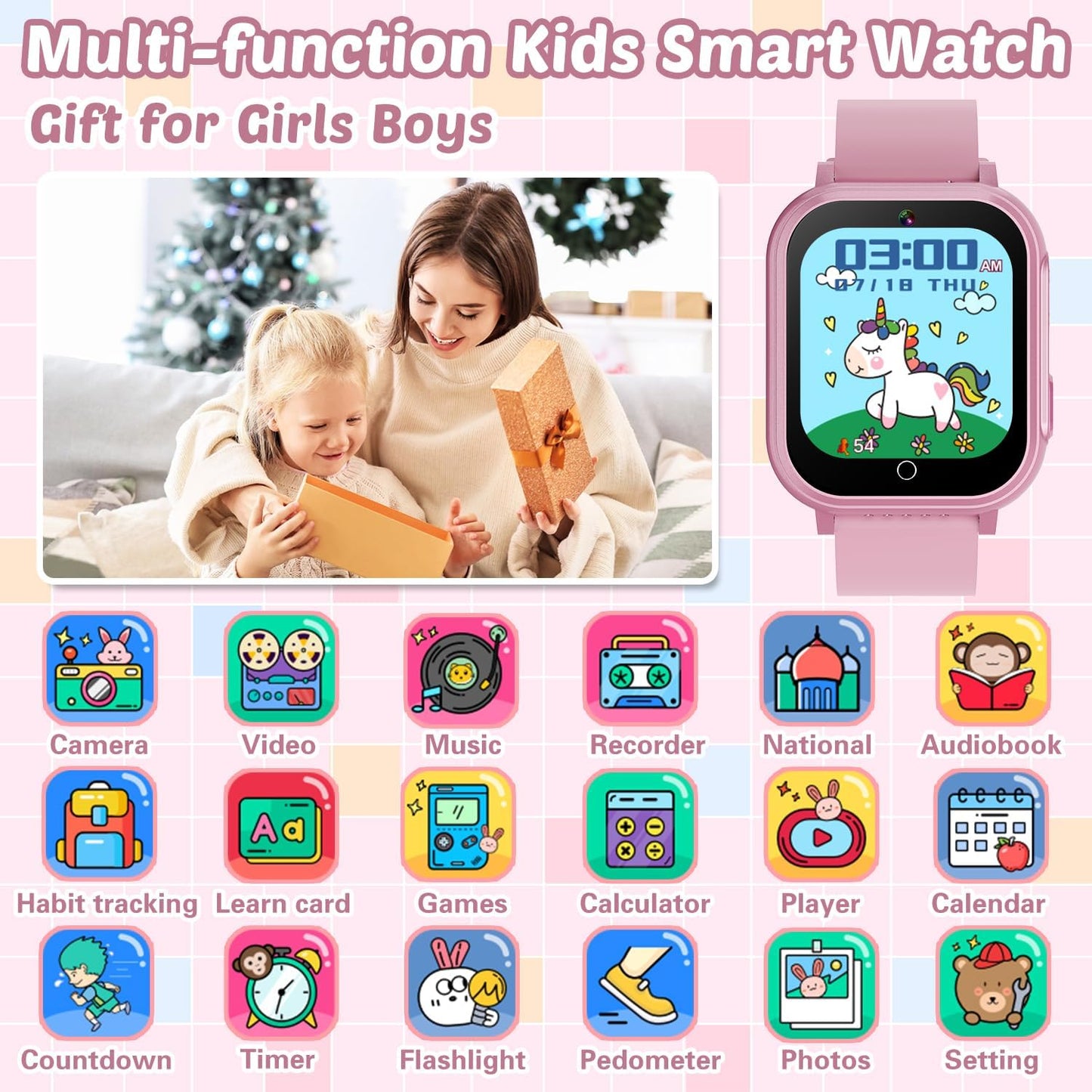 Waterproof Smart Watch for Kids Gift for Girls Age 5-12 with 32 Games, Dual Camera, Habit Tracking, Music Player, Video, Alarm Clock, HD Touchscreen Kids Smart Watch Birthday Toys for 3-12 Year Old