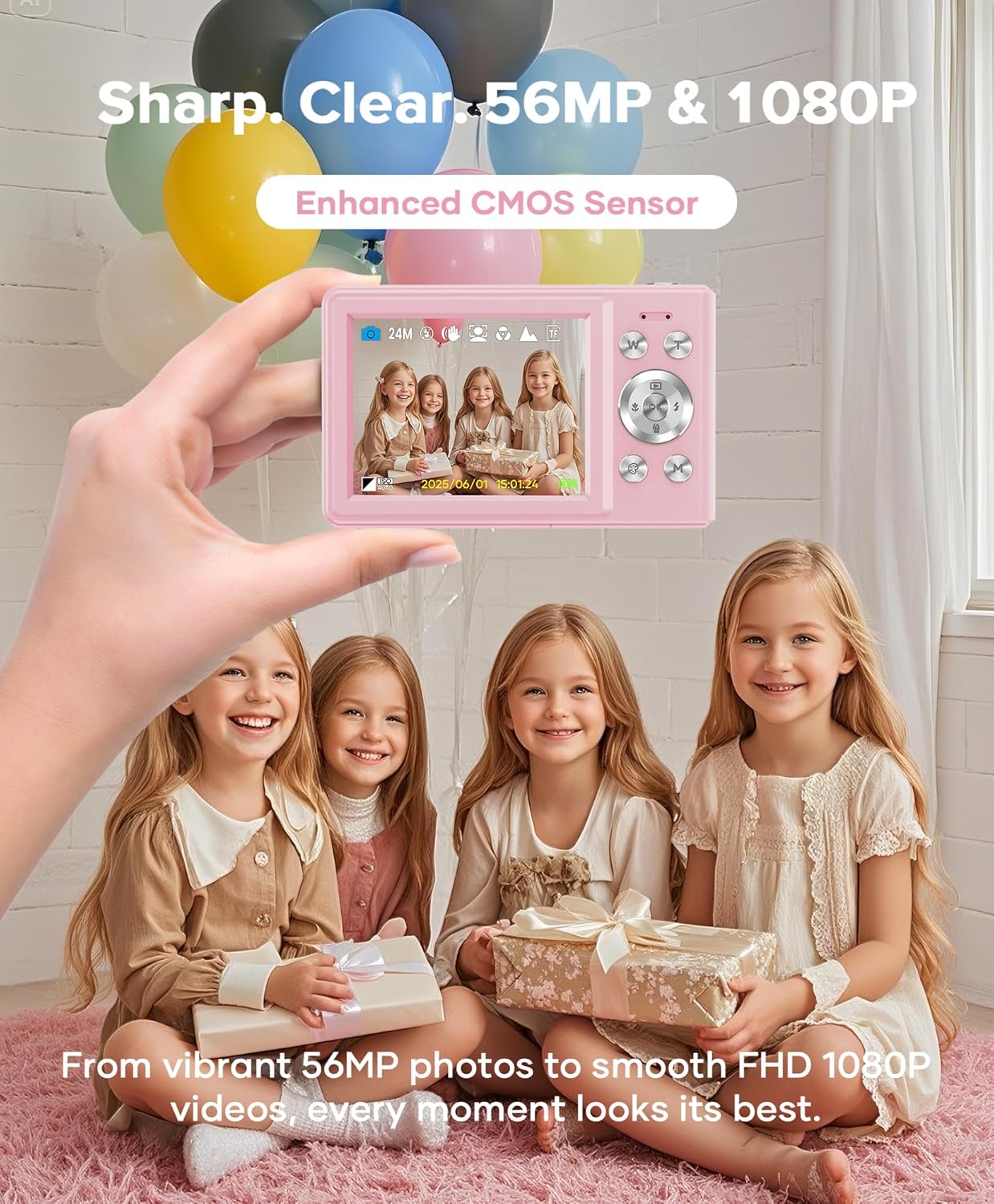 WONNIE Digital Camera 56MP, FHD 1080P Point & Shoot Camera with 32GB SD Card, 2 Batteries, and Lanyard, Ideal for Kids & Teens, Suitable Gift for Girls