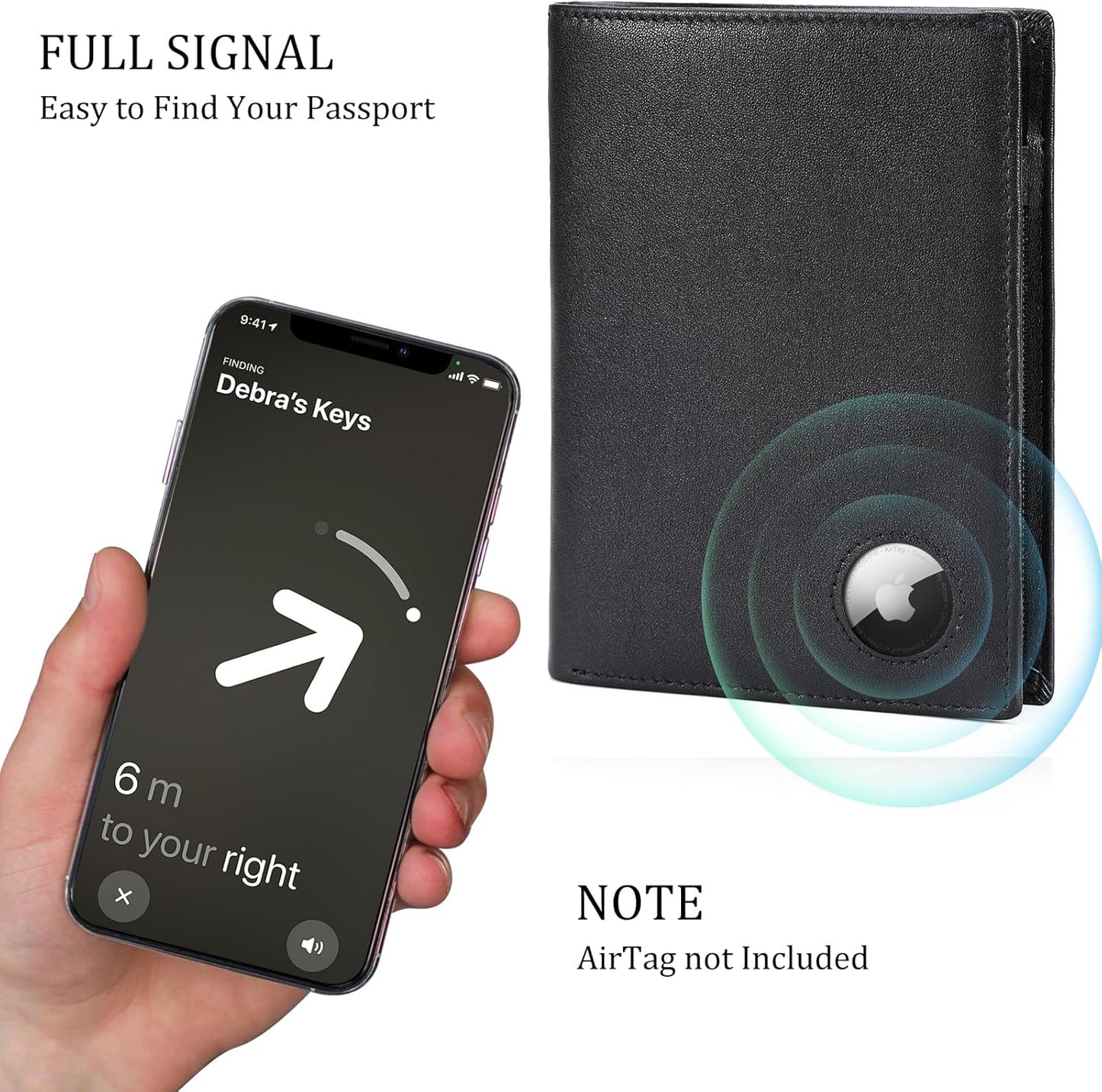 Polare Luxury RFID Blocking Leather Passport Holder Travel Wallet For Men and Women (Black with AirTag Slot)