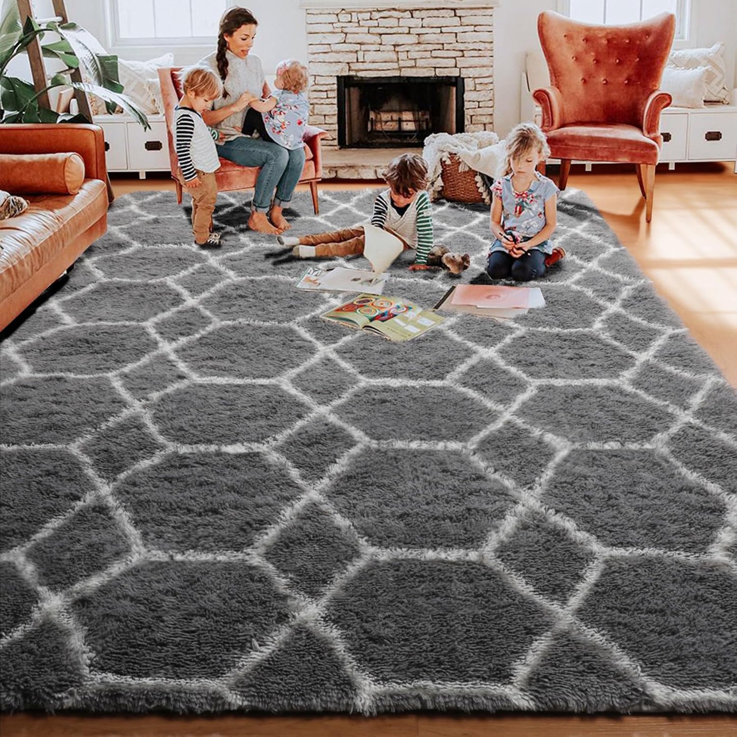 ONASAR 8x10 Area Rugs for Living Room, Fluffy Grey and White Bedroom Rug, Washable Geometric Boho Large Soft Plush Shaggy Fuzzy Floor Carpet for Nursery Kids Classroom Playroom Dorm Home Decor