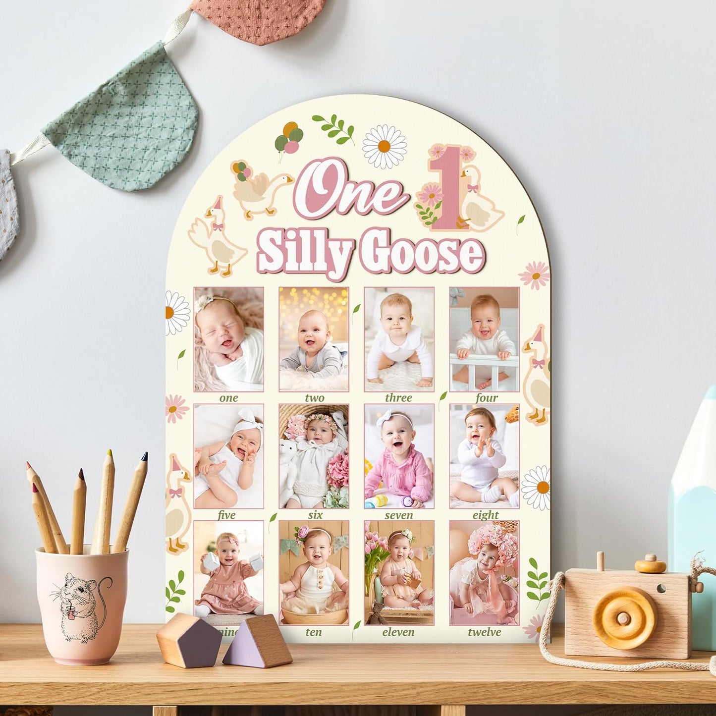 R HORSE My First Year Photo Frame Board, 3D One Silly Goose Birthday Decorations Display Wood Board, Baby First Year Picture Frame 12 Months Milestone 1st Birthday Nursery Decor Gift for Boy Girl