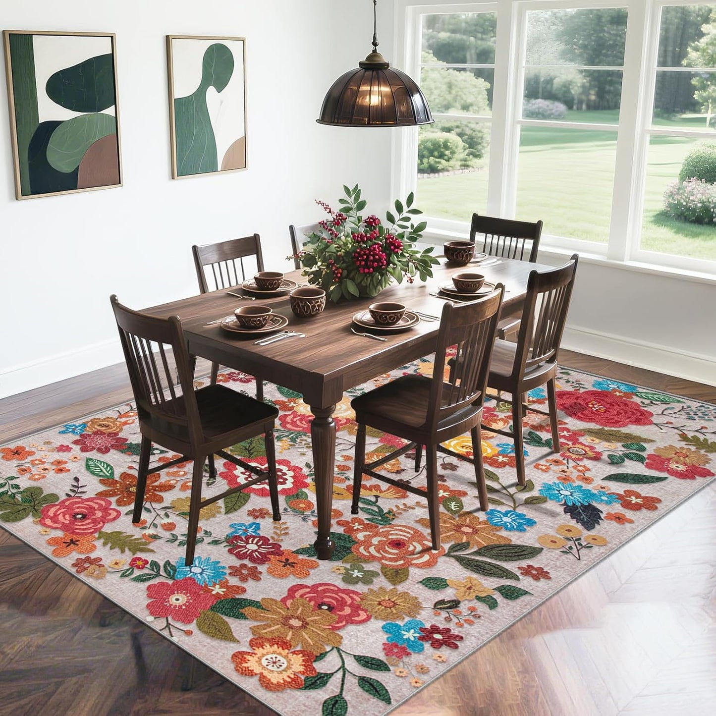 Area Rug Living Room Rugs: 5x7 Washable Rug Vintage Floral Soft Boho Non Slip Carpet Indoor Floor Non Shedding Low Pile Thin Carpets for Bedroom Dining Room Farmhouse Nursery Home Office Beige