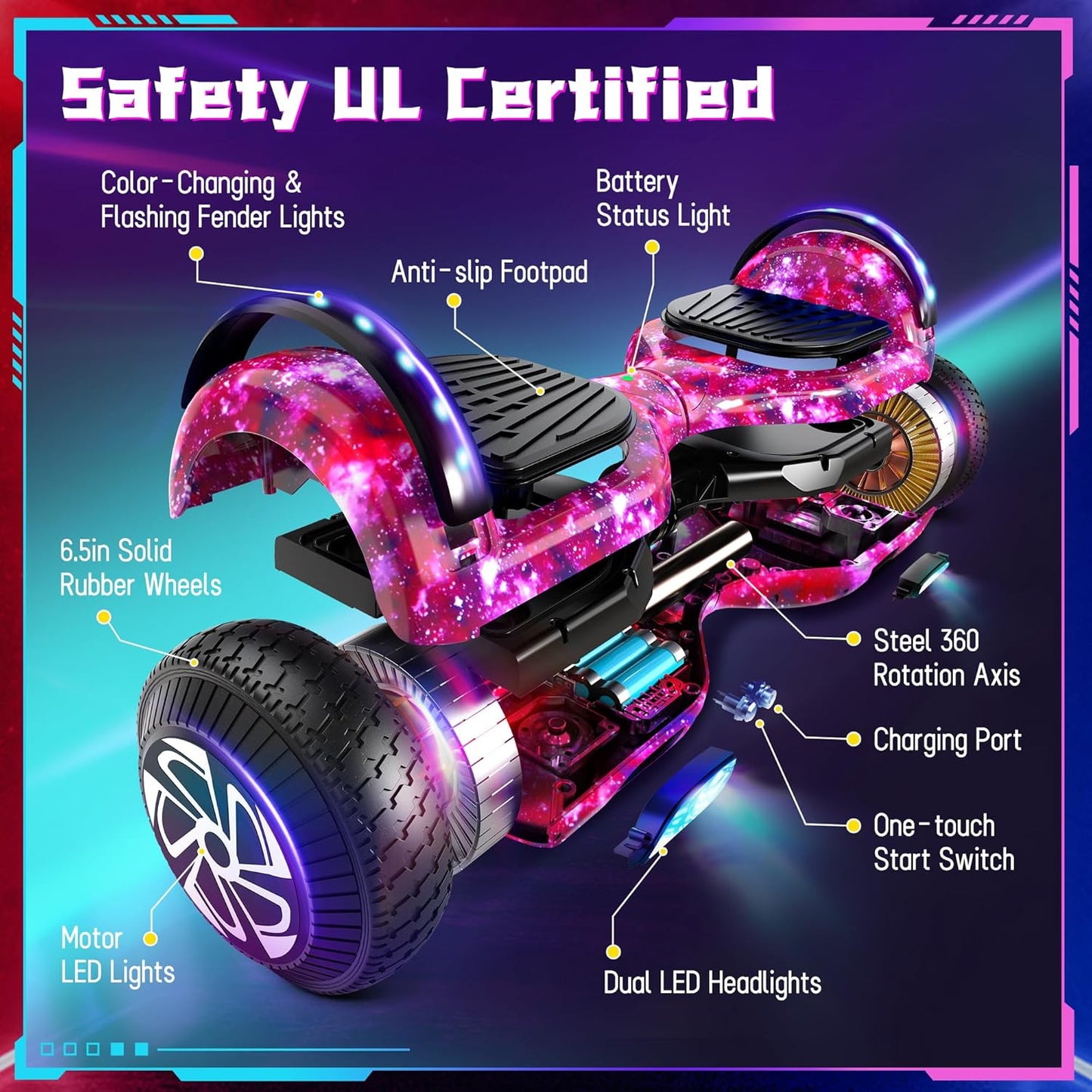 SISIGAD Scooters for Kids Ages 6-12, with Built-in Bluetooth Speaker and 6.5" Colorful Lights Wheels, Safety Certified Self Balancing Scooter Gift for Kids