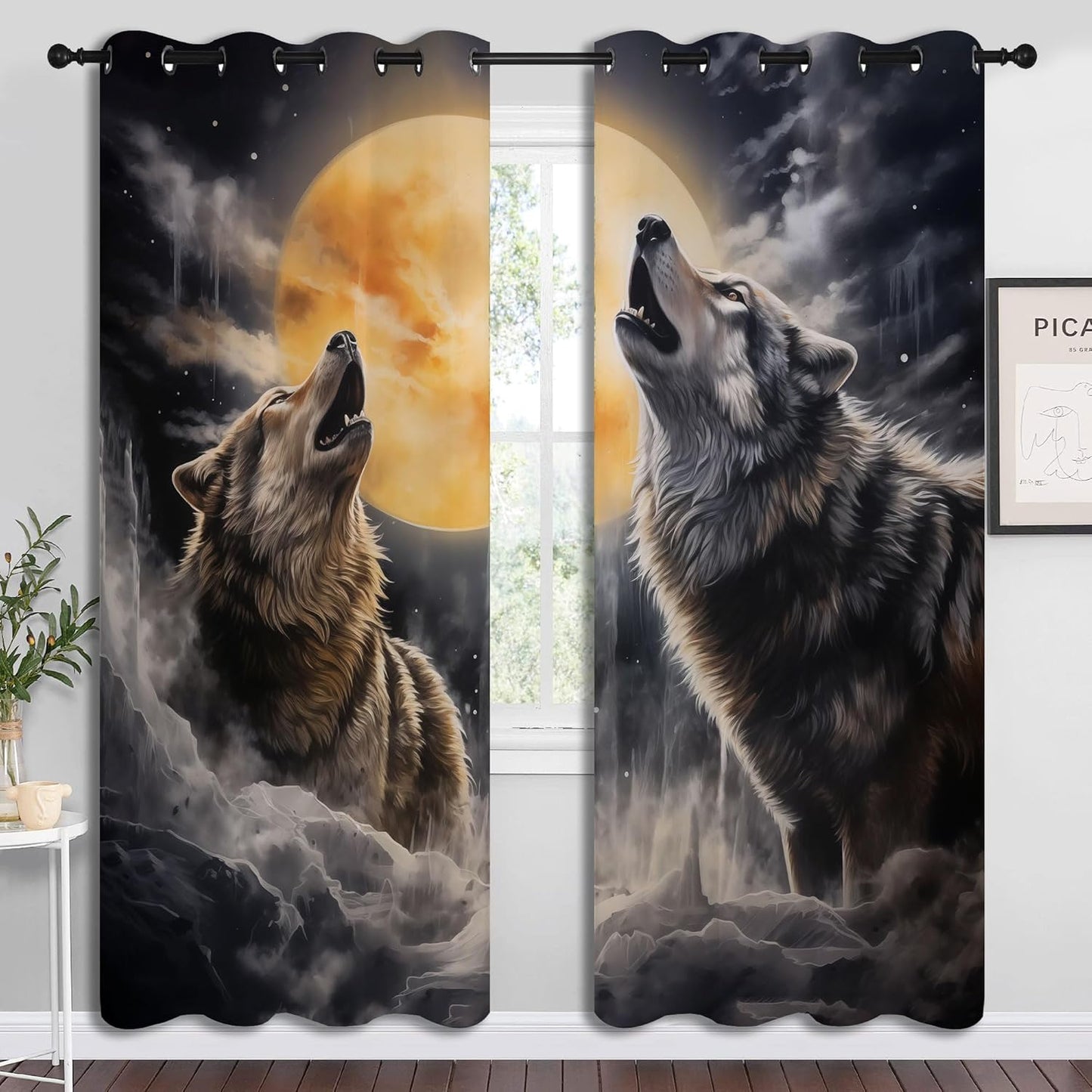 Fantasy Wolf Blackout Curtains for Boys Girl Bedroom Decor,Full Moon Starry Sky Wildlife Retro Thermal Insulated Grommet Drapes Darkening Window Curtain for Living Room Home 84x63 inch