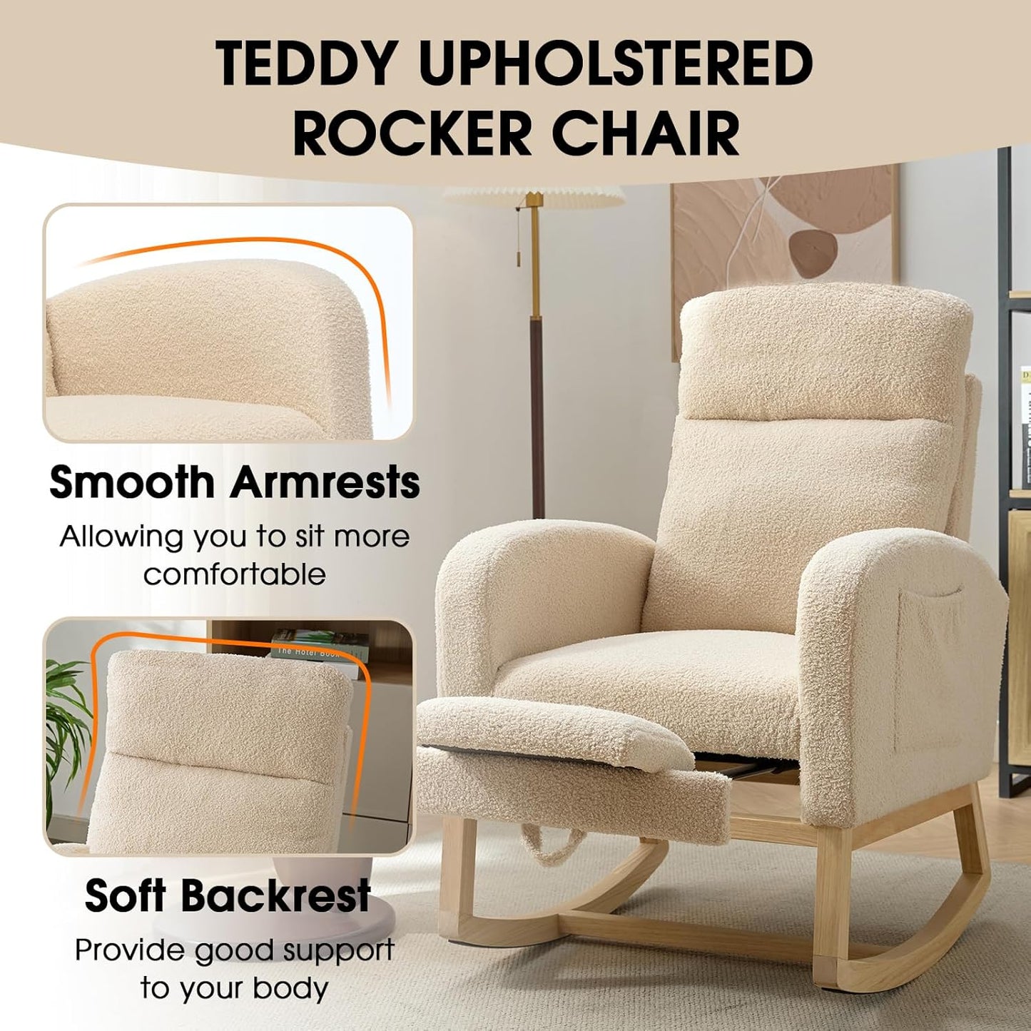 NIOIIKIT Modern Nursery Rocking Chair, Teddy Upholstered Rocking Chair with Footrest, Comfortable Rocker Recliner with Side Pocket, Glider Rocker for Living Room, Bedroom, Nursing Room (Cream)