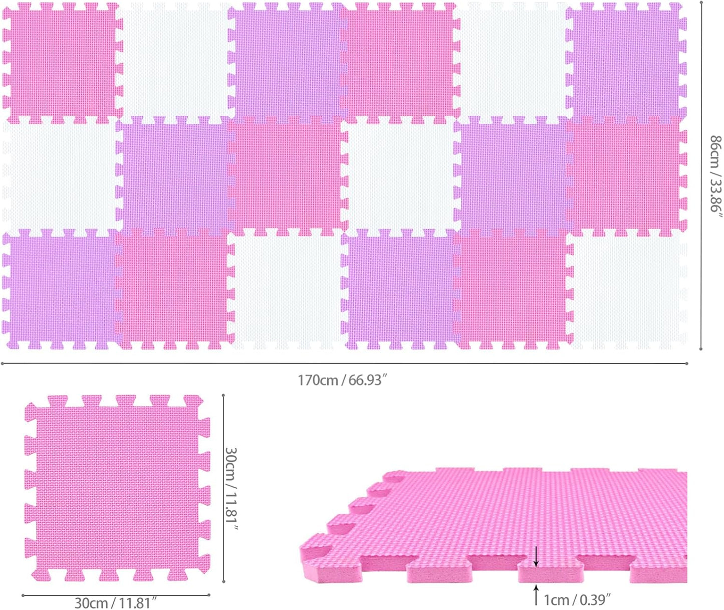 qqpp EVA Rubber 18 Tiles Interlocking Puzzle Foam Floor Mats - Baby Play Mat for Playing | Exercise Mat for Home Workout. White, Pink, Purple. QC-ACKb18N