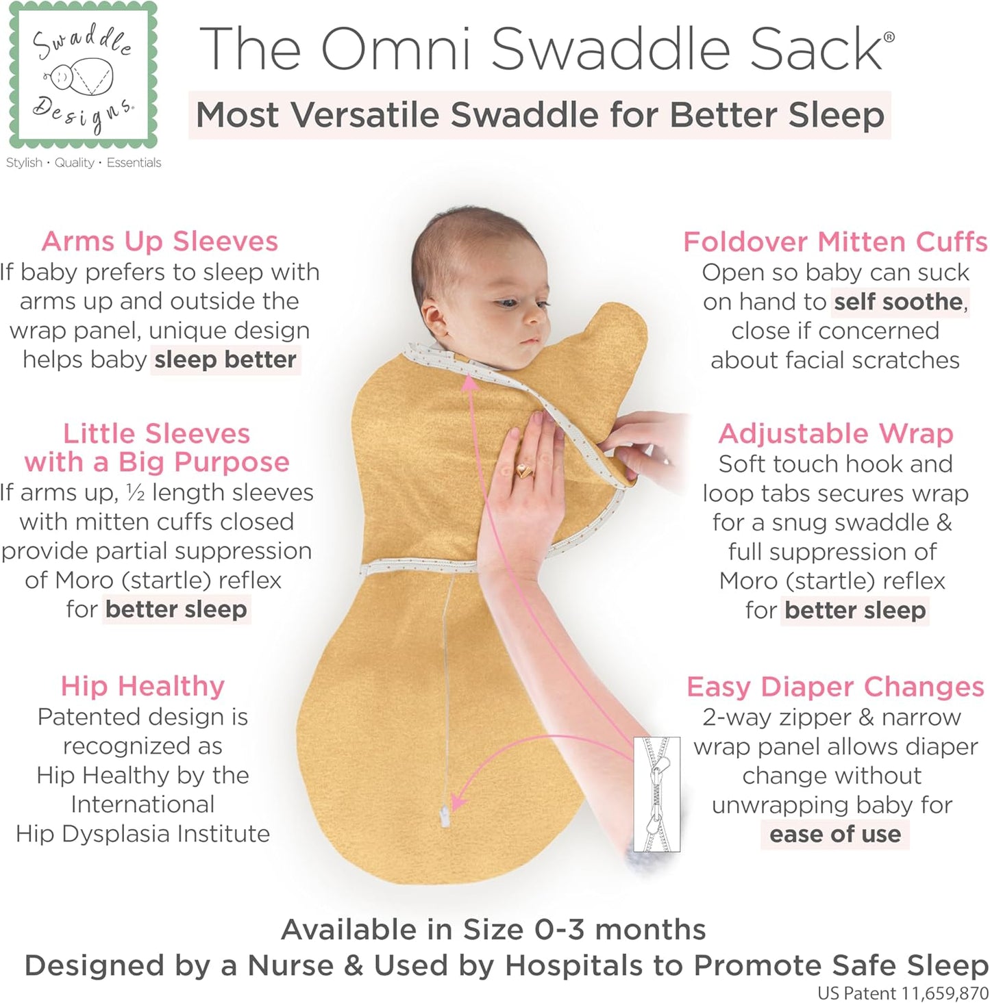 SwaddleDesigns 6-Way Omni Swaddle Sack Arms Up Swaddle for Newborn, More Options to Calm Startle Reflex, Improves Sleep