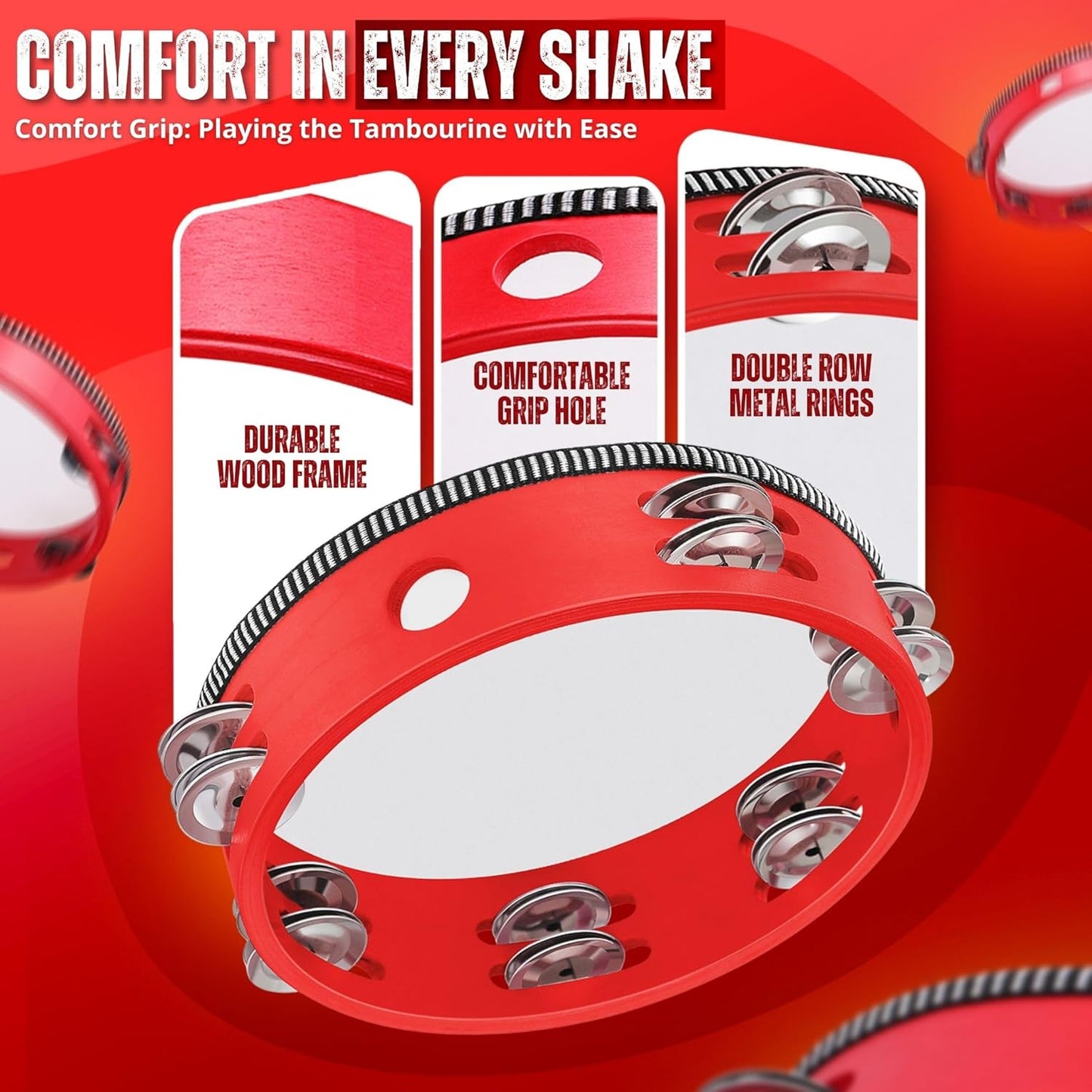 Flexzion Wood Handheld Tambourine Adults 8-Inch Double Row 8-Pair Jingles (Red) - Percussion Round Tamborines Musical Instrument with Metal Zills