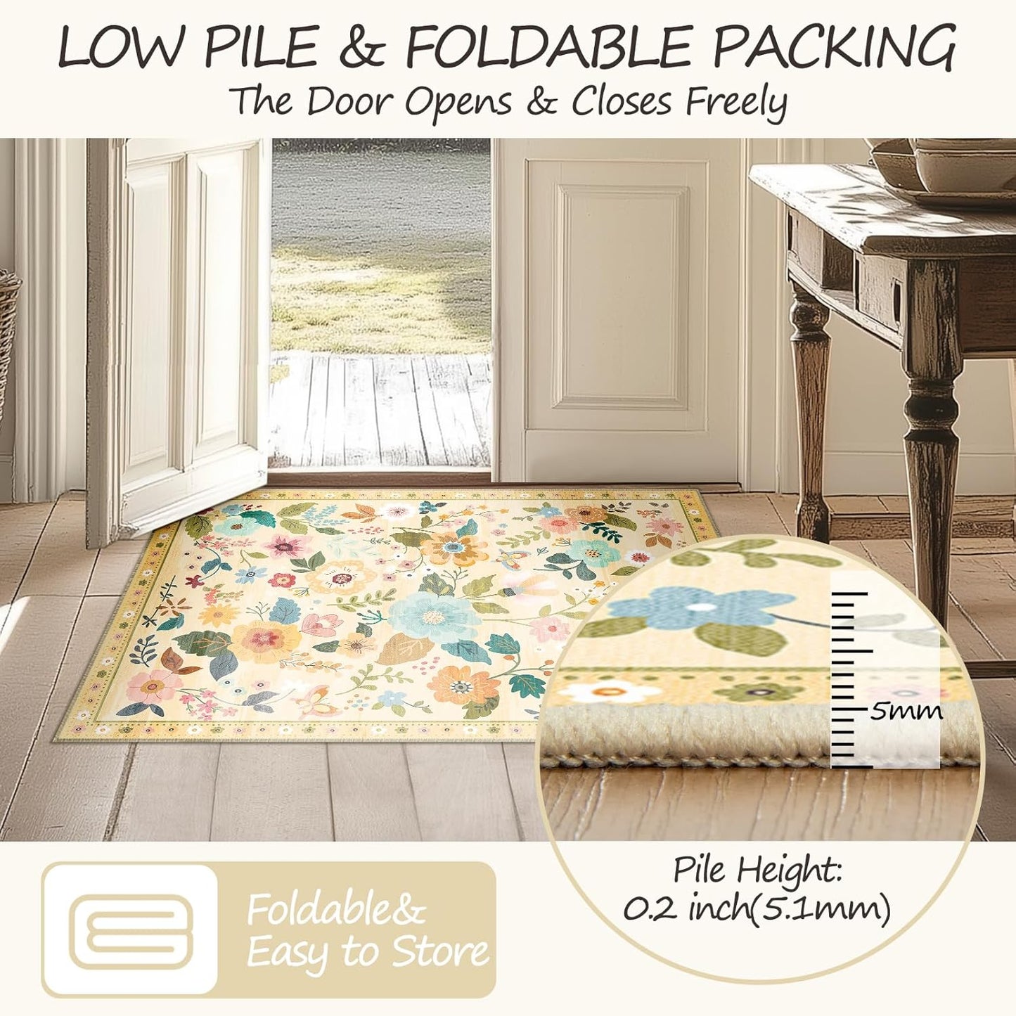 Floral 8x10 Area Rug Machine Washable Soft Print Boho Carpet Non Slip Doormat Low Pile Flower Area Rugs for Living Room Bedroom Nursery Kitchen Dining Room Indoor-Ivory/Yellow