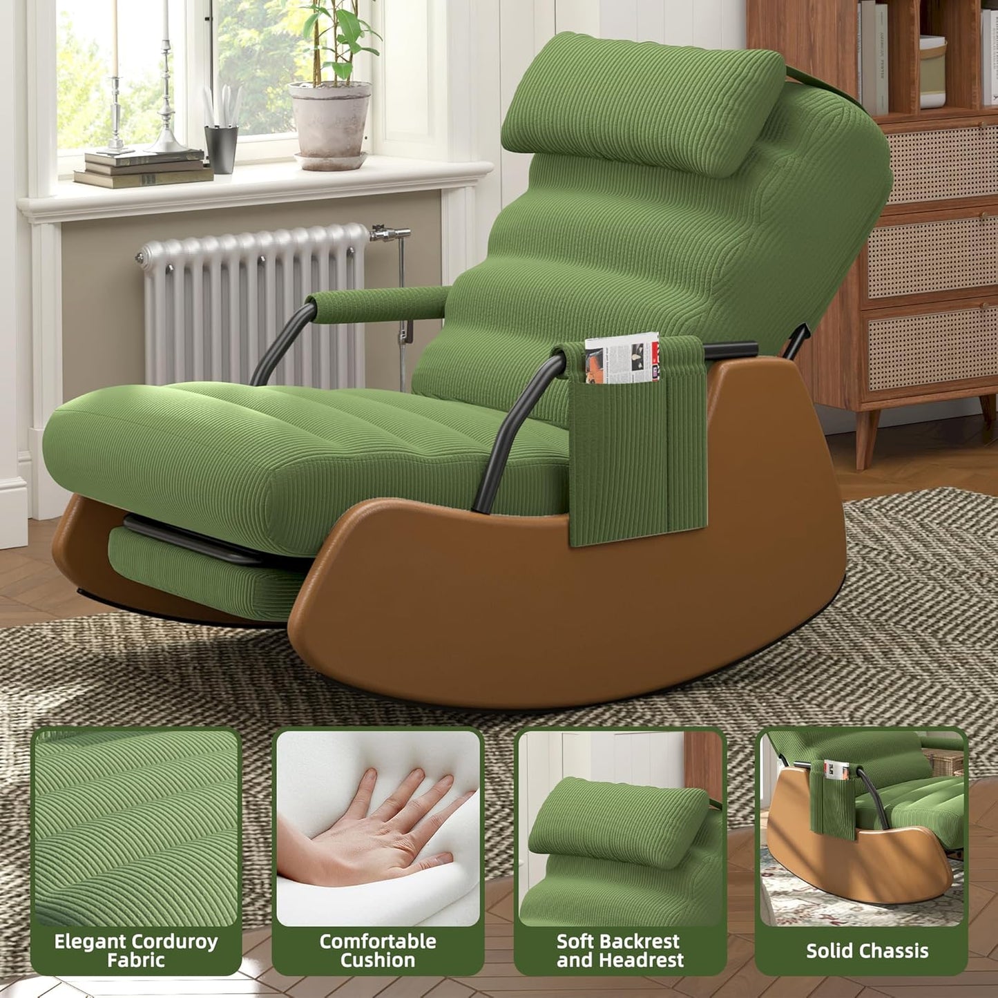 Polar Aurora Nursery Rocking Chairs with Soft Seat and Headrest,Corduroy Fabric Accent Chair with Side Pocket,Glider Rocking Chair for Bedroom/Living Room/Nursery. (Green/Brown)