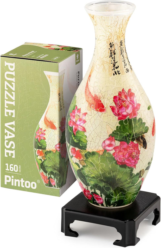 Pintoo 3D Puzzle Vase Unique Flower Vase Made by 160 Curved Plastic Puzzle Pieces House Warming Gift for Flower Arrangements and Home Decoration - [S1024] (Translucent, Carp with Lotus)