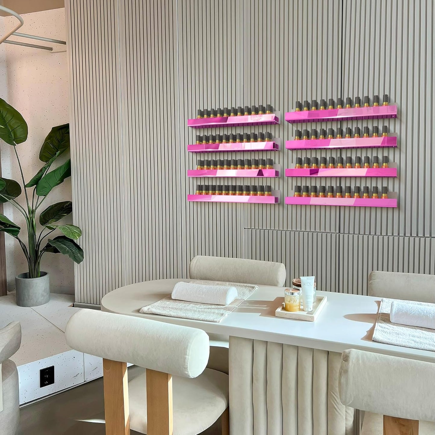 4 Pack 15 Inch Pink Reflective Acrylic Shelves, Pink Floating Shelves, Modern Sunglasses Essential Oil Picture Ledge Display Toy Storage Shelf